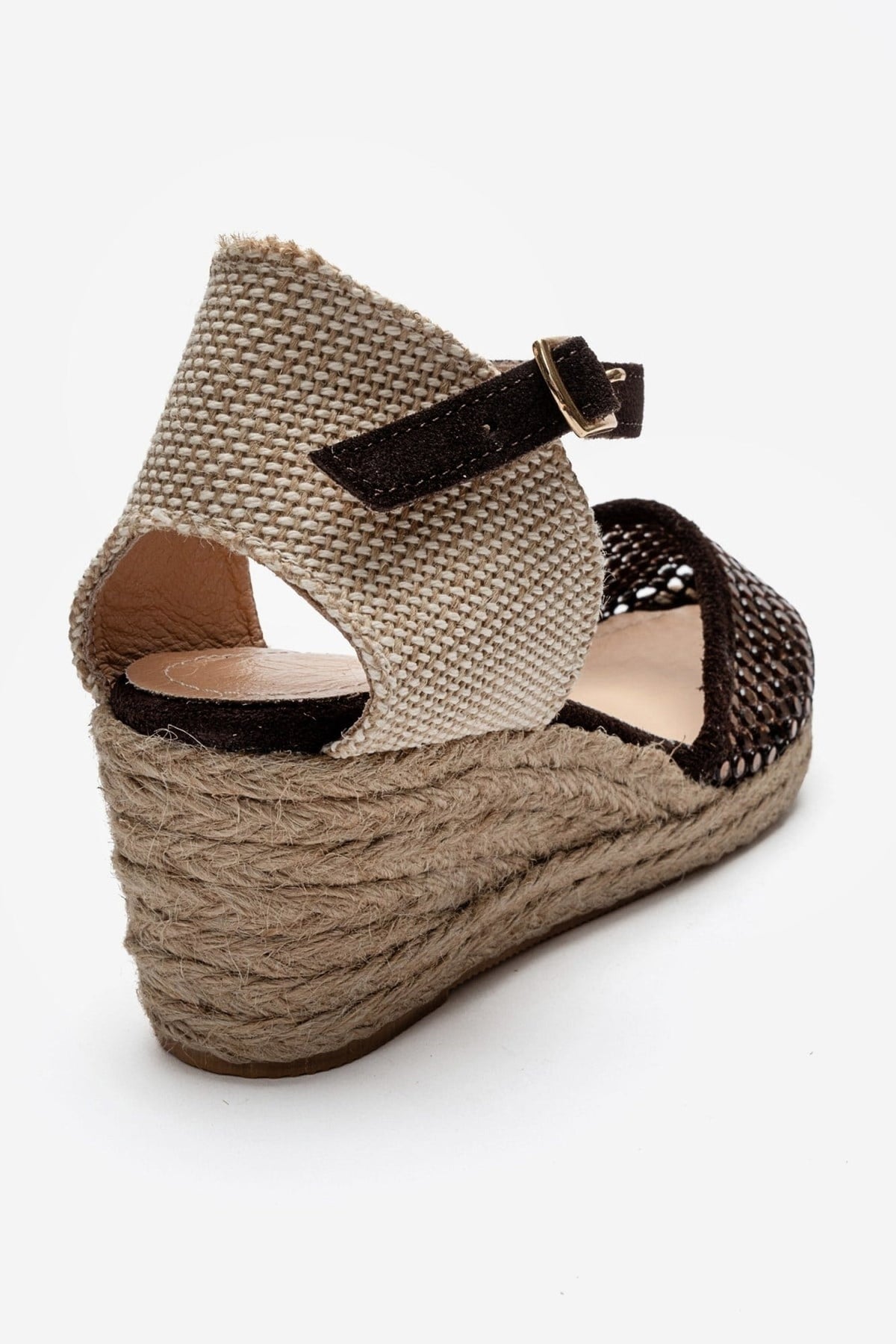 DRELIX - Cognac Genuine Leather Wedge Heel Espadrille Sandal – back view showing leather, suede, Vowalisse