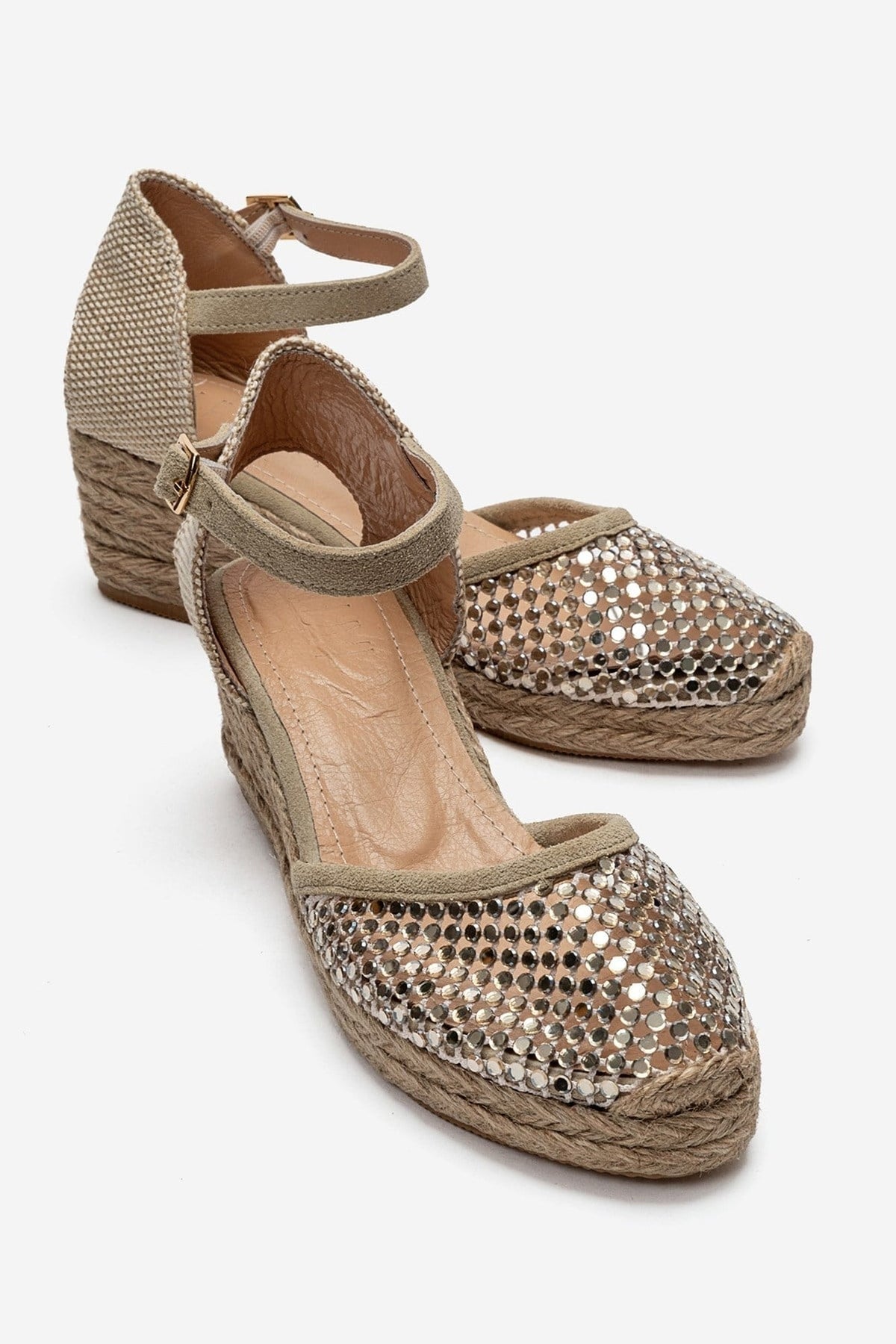DRELIX - Beige Genuine Leather Wedge Heel Espadrille Sandal – front three-quarter view showing leather, suede, Vowalisse