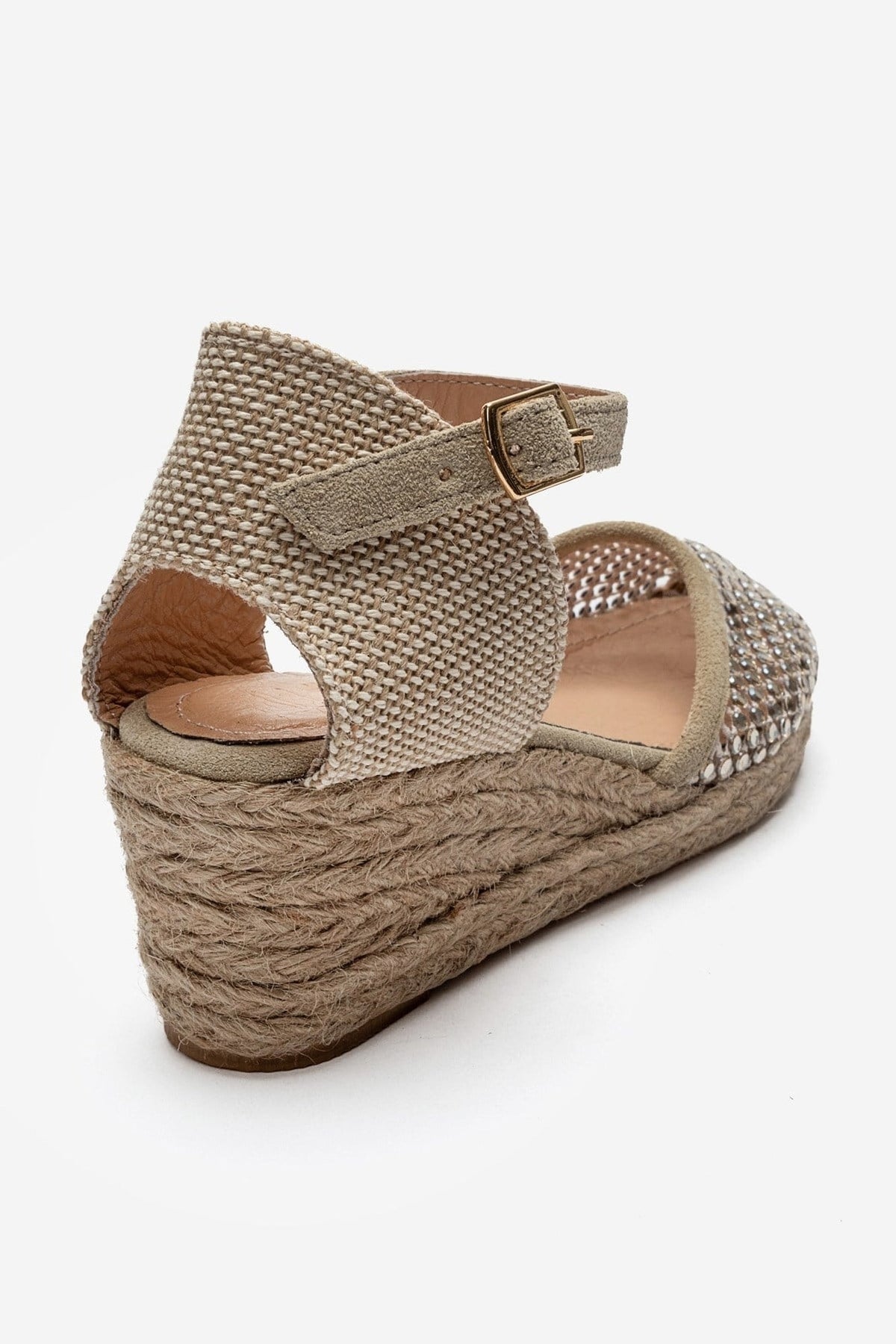 DRELIX - Beige Genuine Leather Wedge Heel Espadrille Sandal – heel view showing leather, suede, Vowalisse