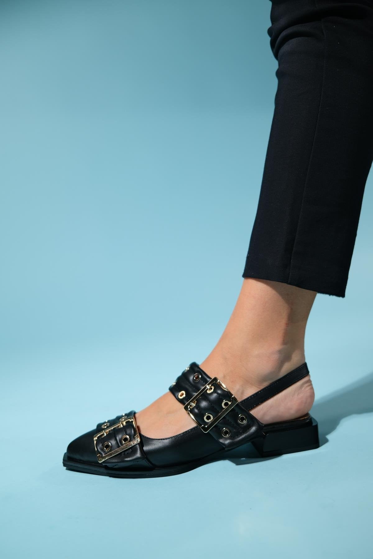 Paloma - Black Gold Buckle Sandal – heel view showing leather, black, gold, Vowalisse