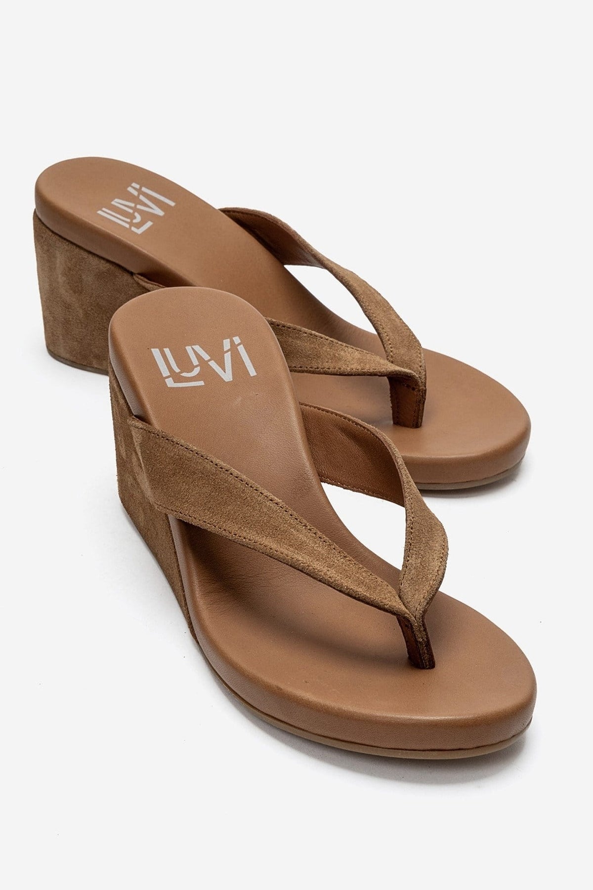 PRYON - Taupe Genuine Leather Thong Wedge Sandal – front three-quarter view showing leather, suede, Vowalisse