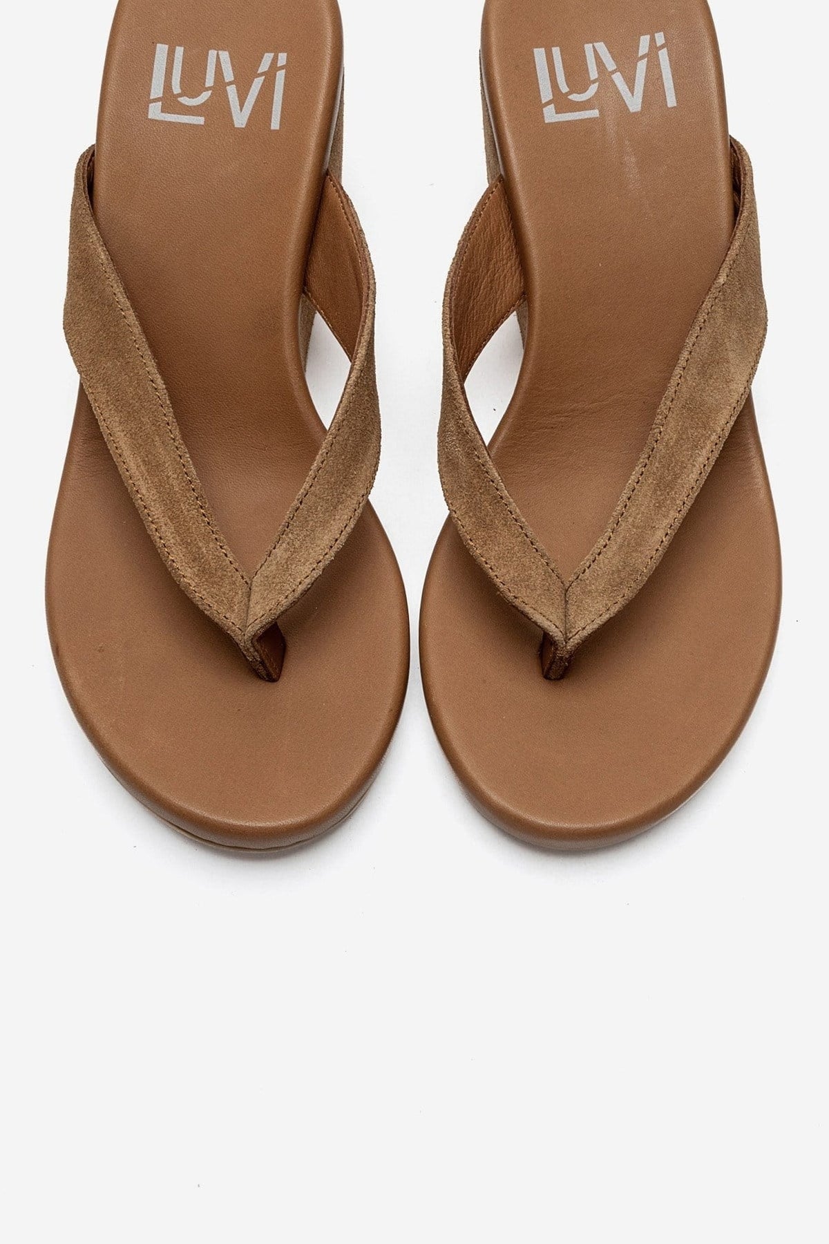 PRYON - Taupe Genuine Leather Thong Wedge Sandal – side view showing leather, suede, Vowalisse