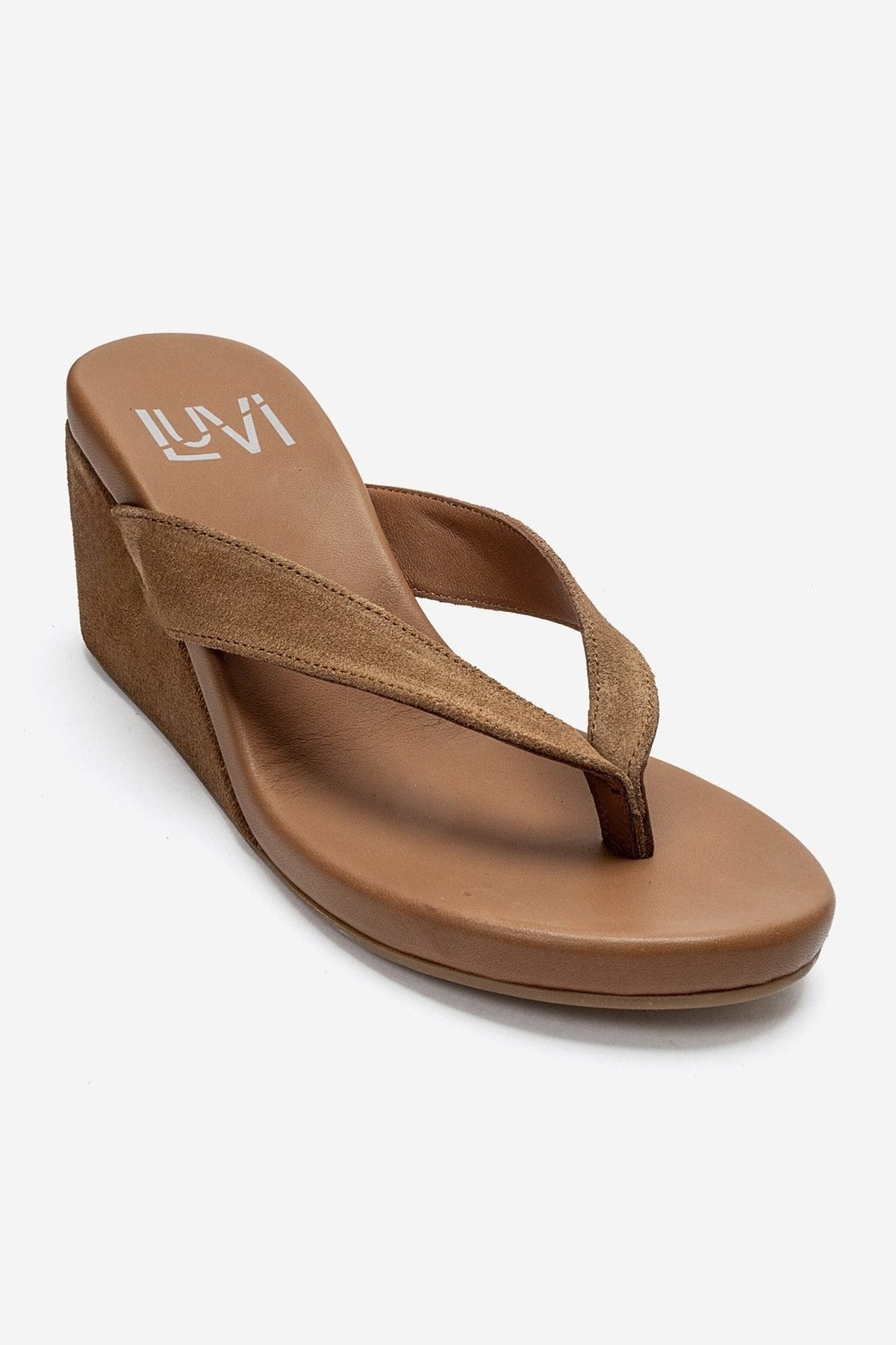 PRYON - Taupe Genuine Leather Thong Wedge Sandal – detail view showing leather, suede, Vowalisse