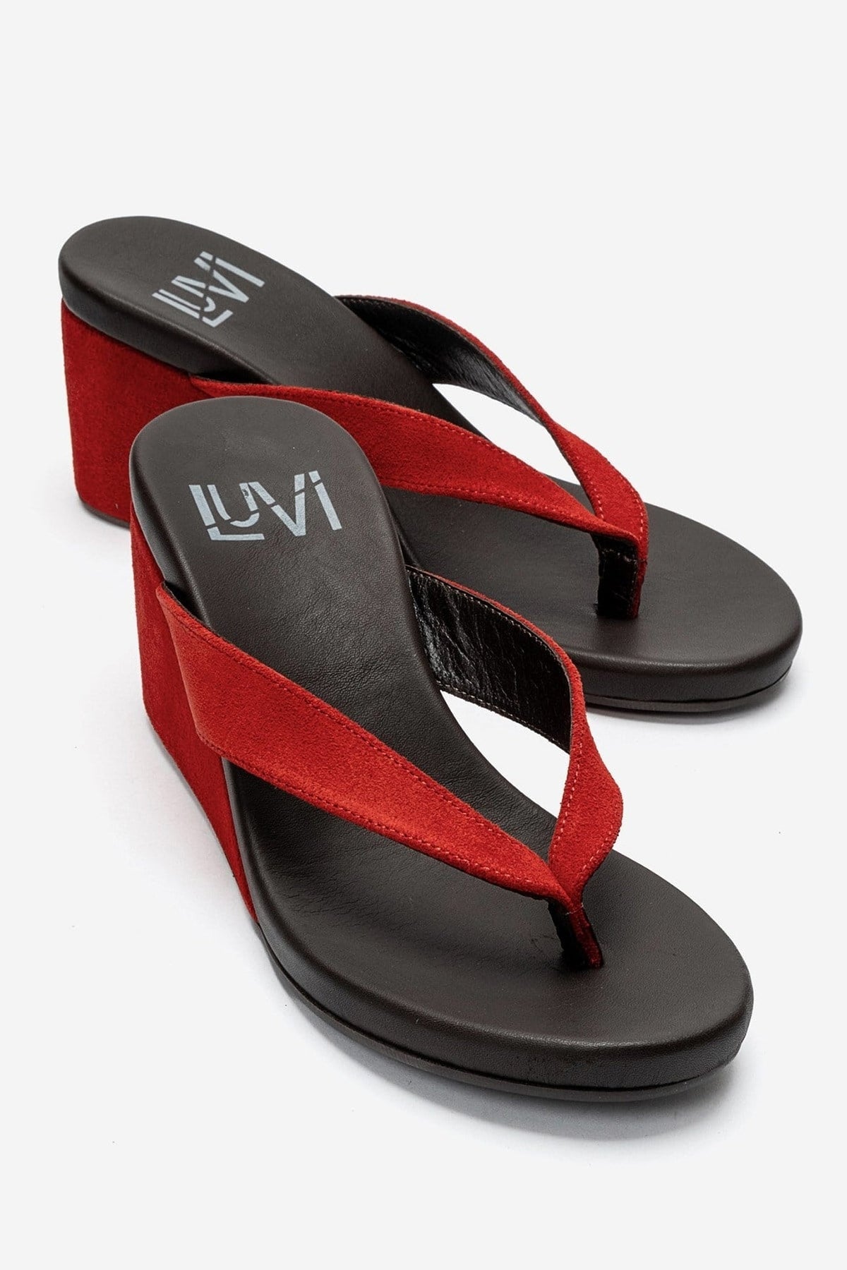 PRYON - Red Genuine Leather Thong Wedge Sandal – front three-quarter view showing leather, suede, red, Vowalisse