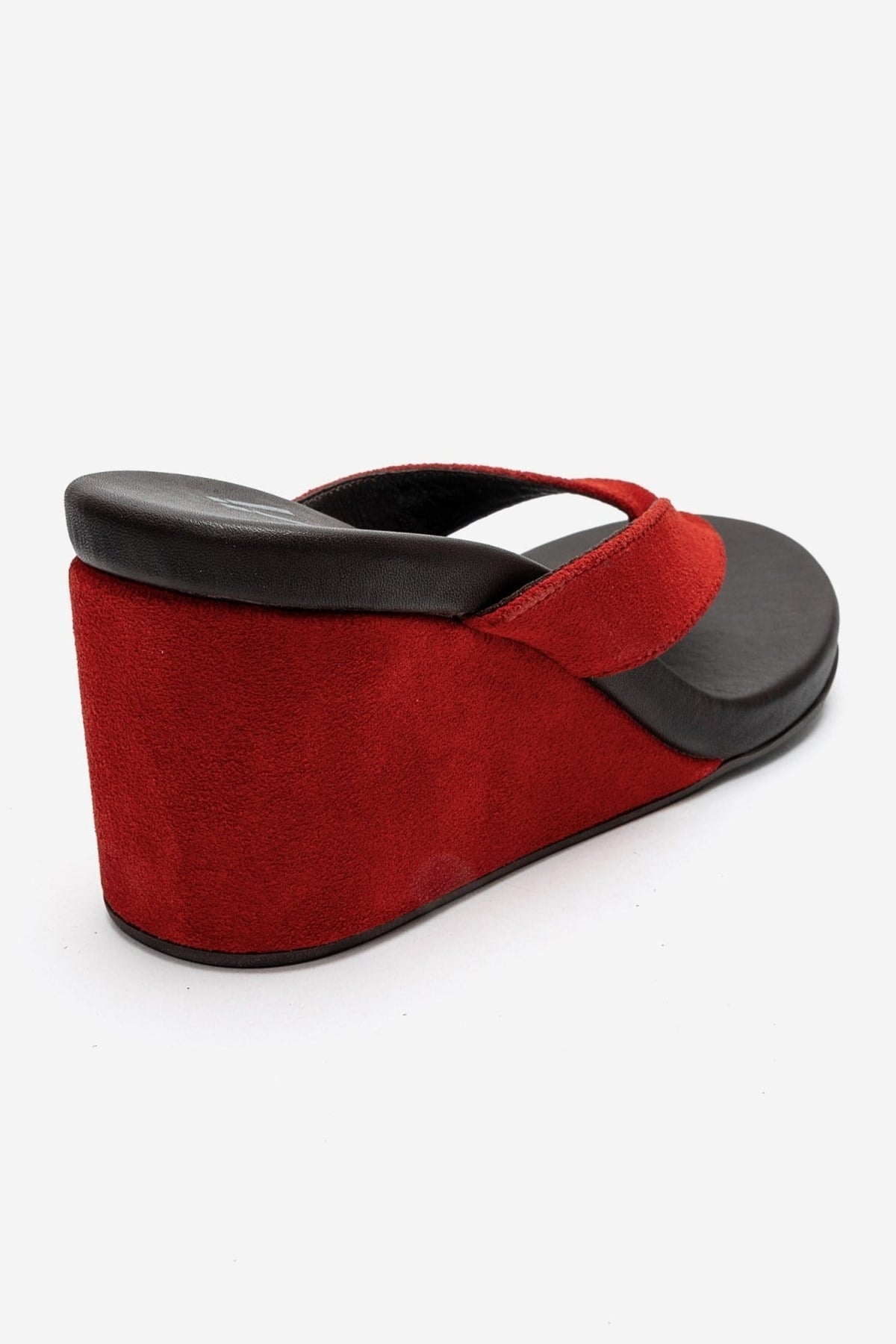 PRYON - Red Genuine Leather Thong Wedge Sandal – back view showing leather, suede, red, Vowalisse