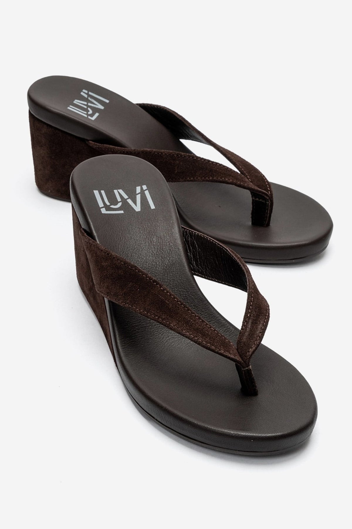 PRYON - Cognac Genuine Leather Thong Wedge Sandal – front three-quarter view showing leather, suede, Vowalisse