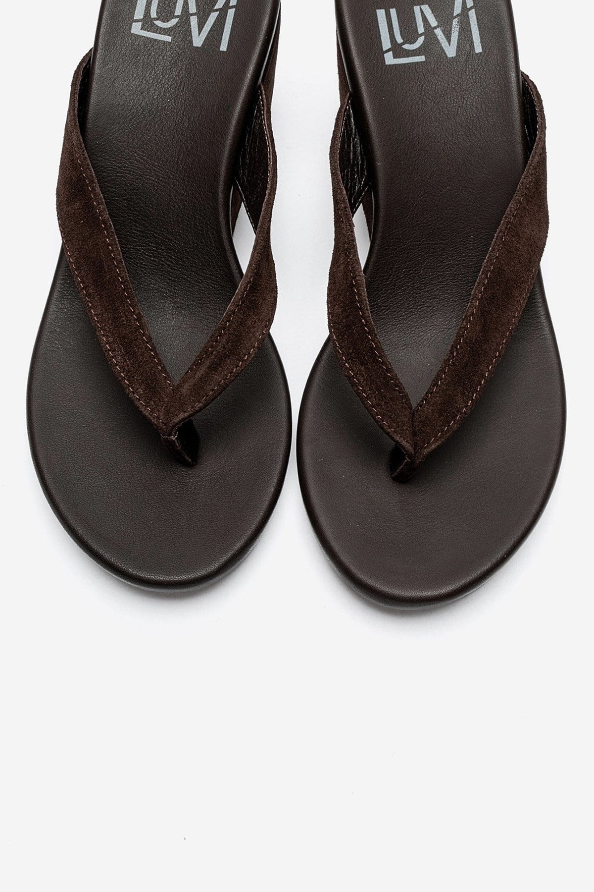 PRYON - Cognac Genuine Leather Thong Wedge Sandal – side view showing leather, suede, Vowalisse