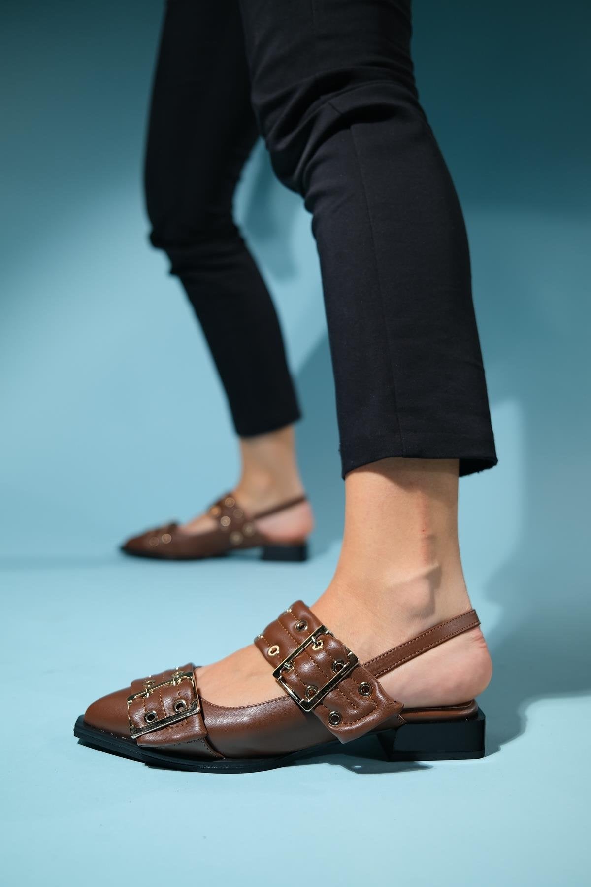 Paloma - Brown Gold Buckle Sandal – side view showing leather, gold, Vowalisse