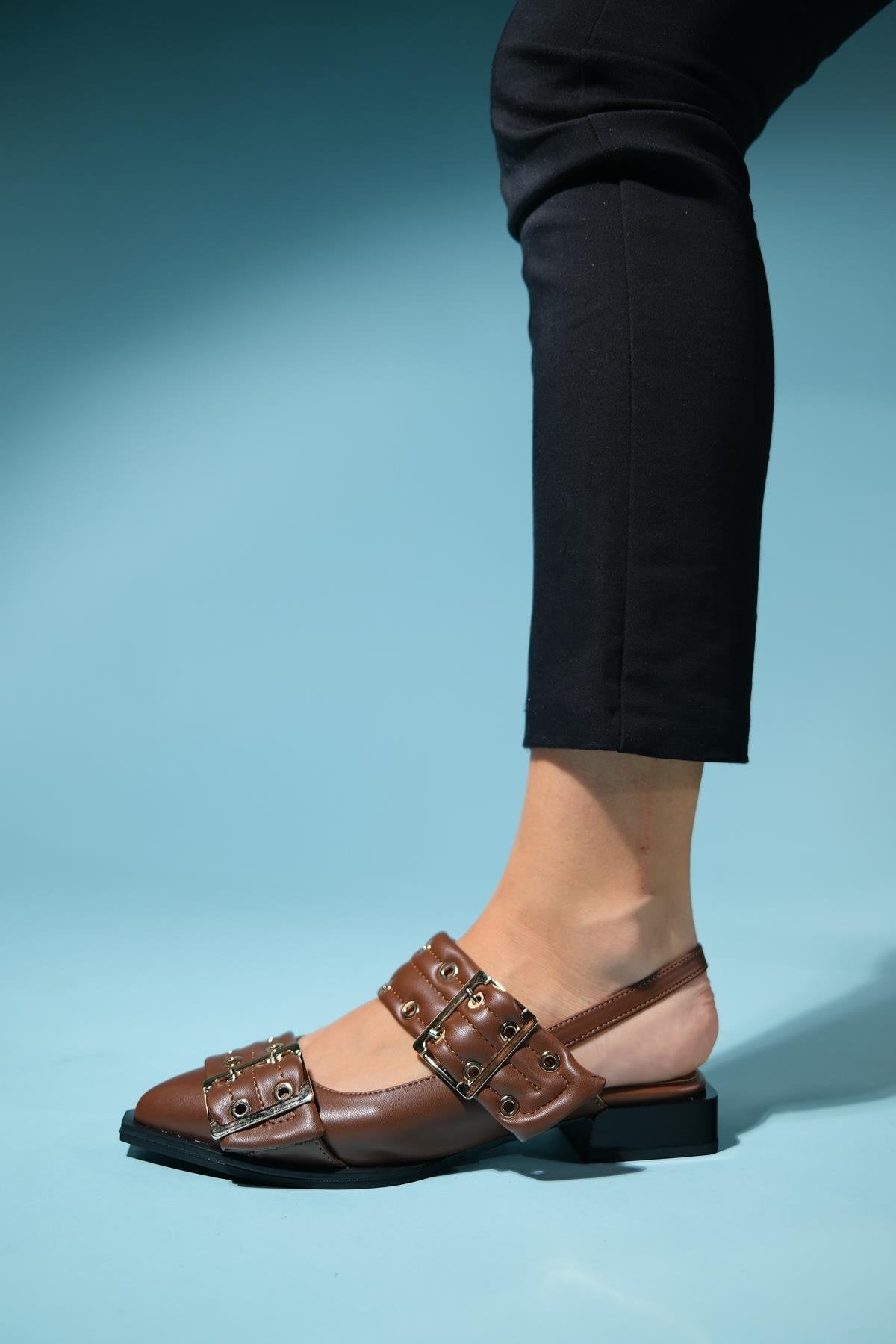Paloma - Brown Gold Buckle Sandal – detail view showing leather, gold, Vowalisse