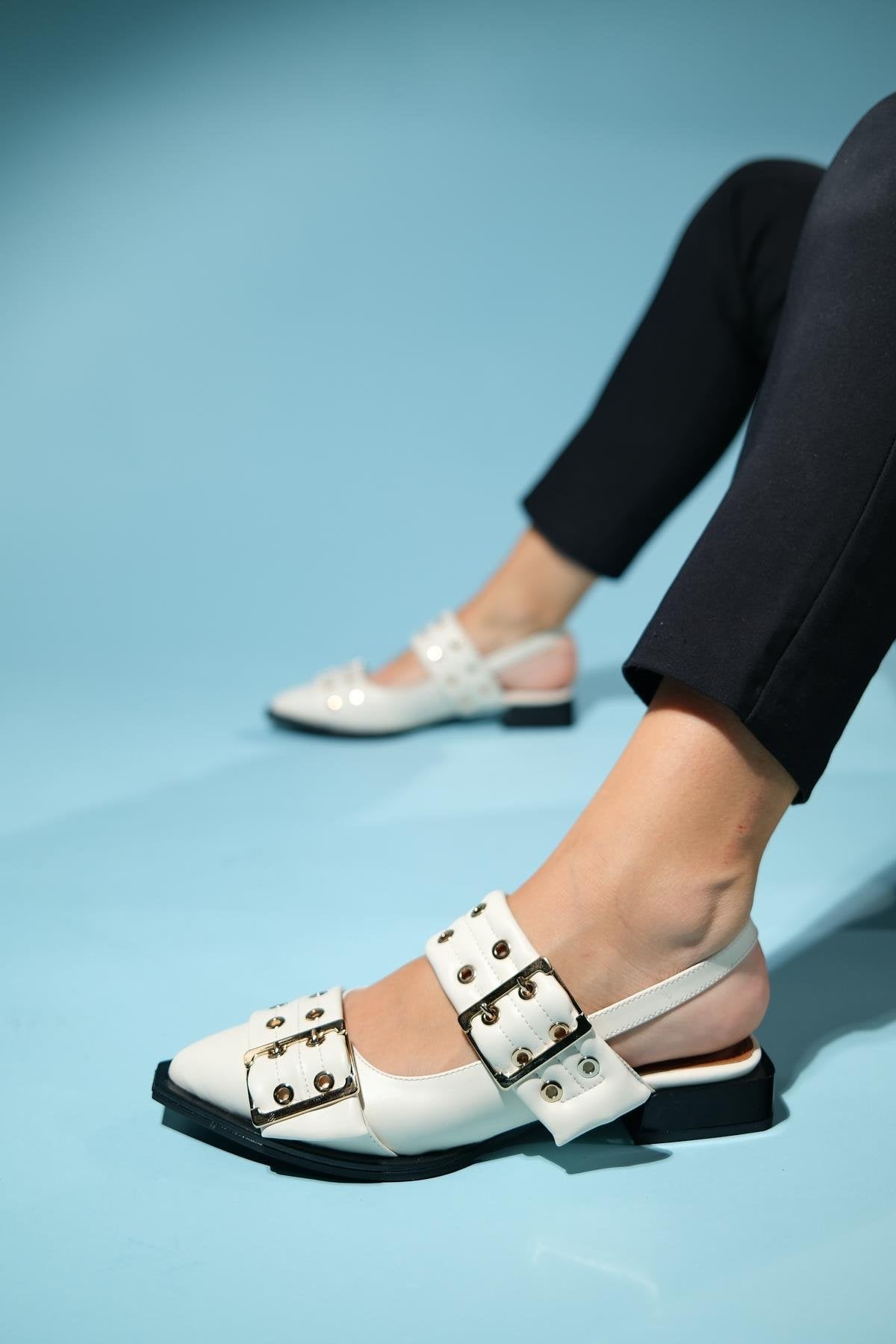 Paloma - Off-White Gold Buckle Sandal – front three-quarter view showing leather, white, gold, Vowalisse