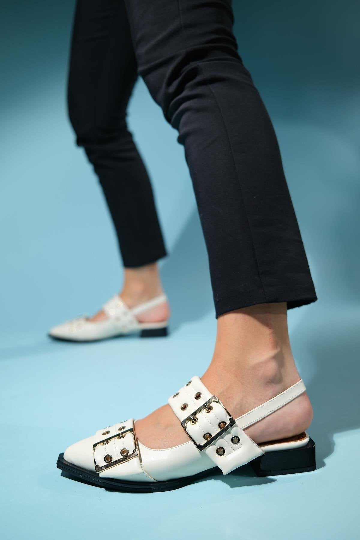Paloma - Off-White Gold Buckle Sandal – heel view showing leather, white, gold, Vowalisse