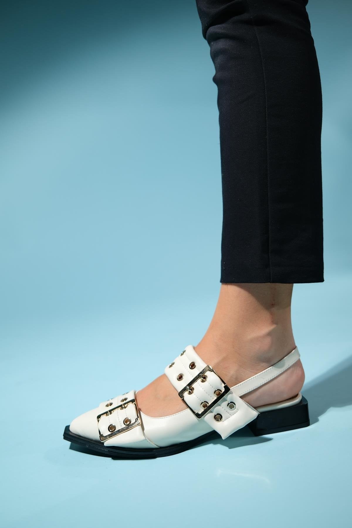 Paloma - Off-White Gold Buckle Sandal – top view showing leather, white, gold, Vowalisse