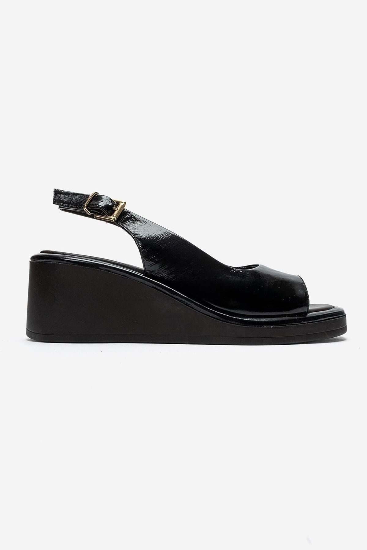 ORLENA - Black Genuine Leather Slingback Wedge Sandal – heel view showing leather, black, Vowalisse