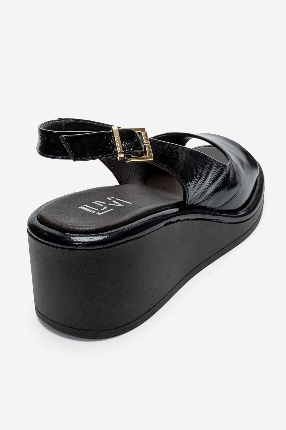 ORLENA - Black Genuine Leather Slingback Wedge Sandal – back view showing leather, black, Vowalisse