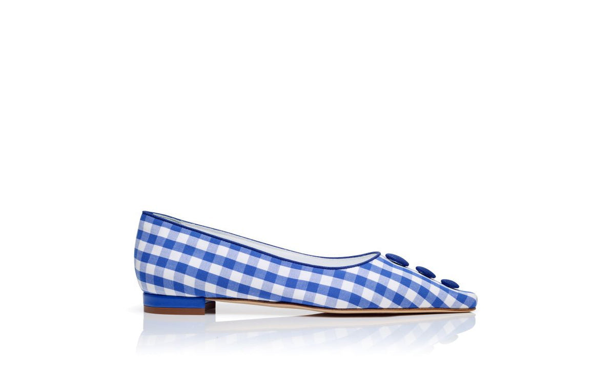 Clarisse Lace Blue Button Detail Pumps – side profile showing blue button detail, almond toe, Vowalisse