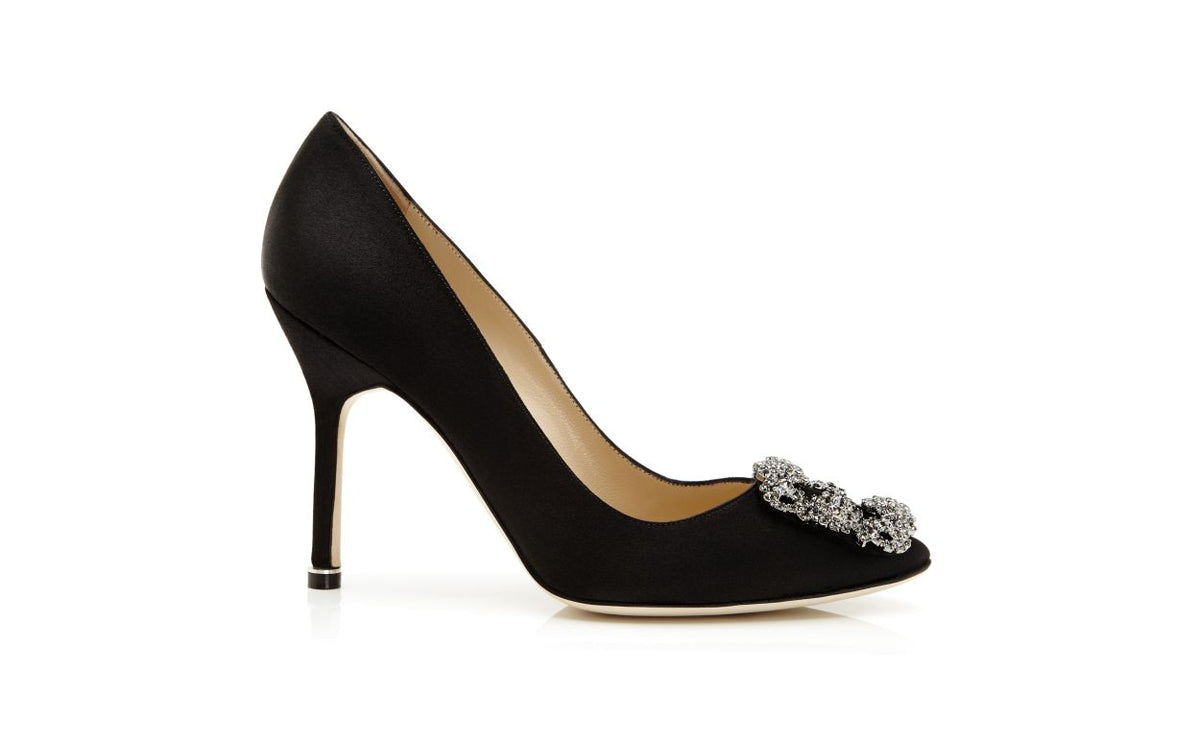 Lunette Belle Black Jewel Buckle Pumps – side profile showing black jewel buckle, crystal buckle, almond toe, satin…