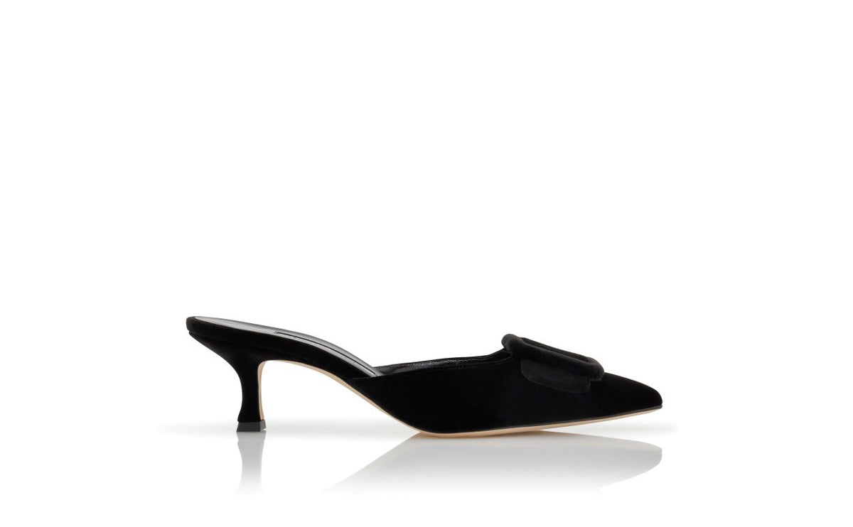 Lucienne Flame Black Almond Toe Mules – side profile showing black almond toe, velvet, Vowalisse