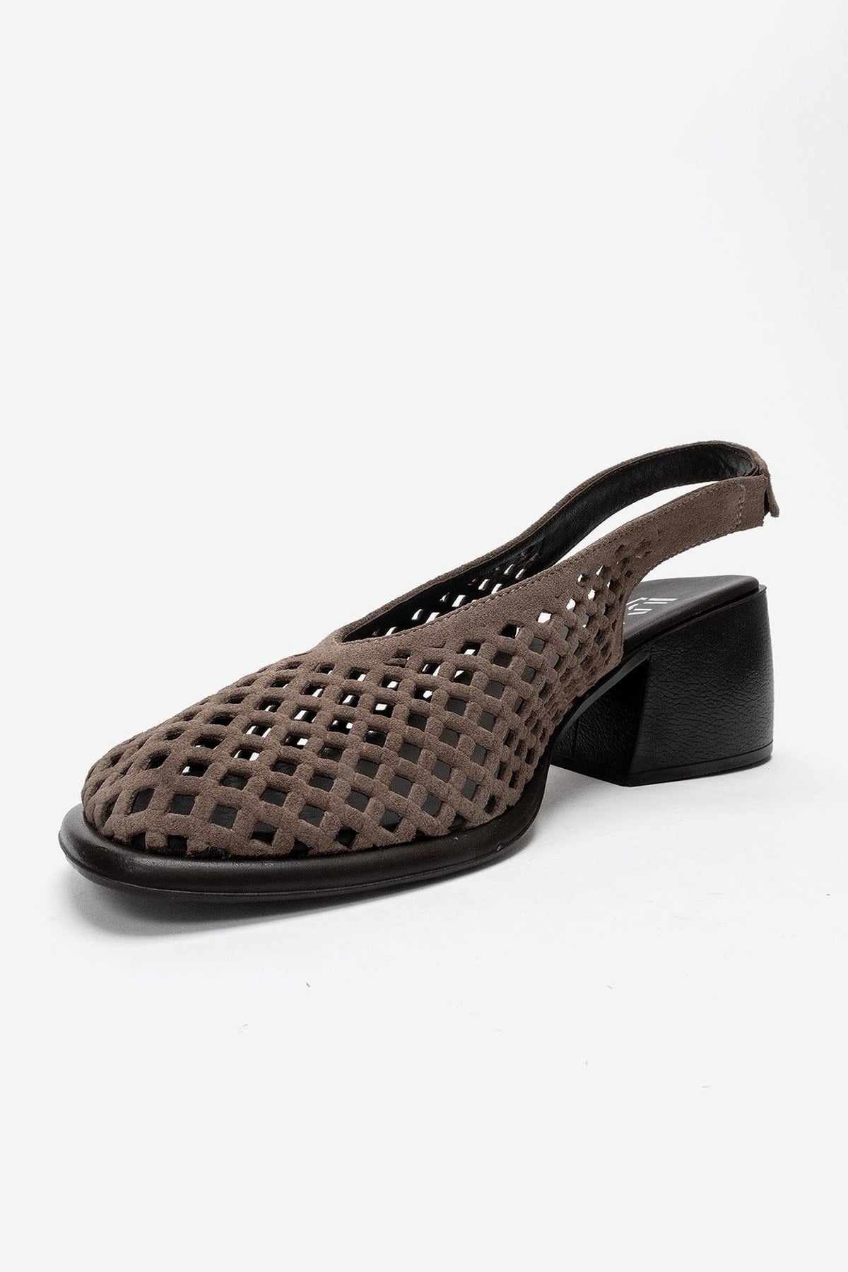 MONVERA - Taupe Genuine Suede Leather Closed-Toe Laser-Cut Block Heel – top view showing leather, suede, Vowalisse