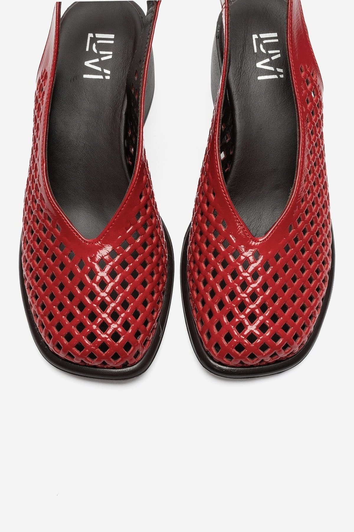 MONVERA - Red Genuine Leather Patent Closed-Toe Laser-Cut Block Heel S – side view showing leather, red, Vowalisse