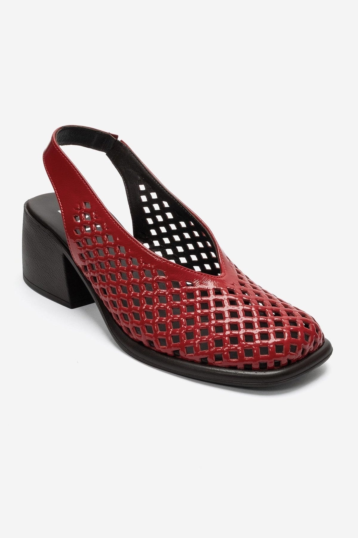 MONVERA - Red Genuine Leather Patent Closed-Toe Laser-Cut Block Heel S – detail view showing leather, red, Vowalisse