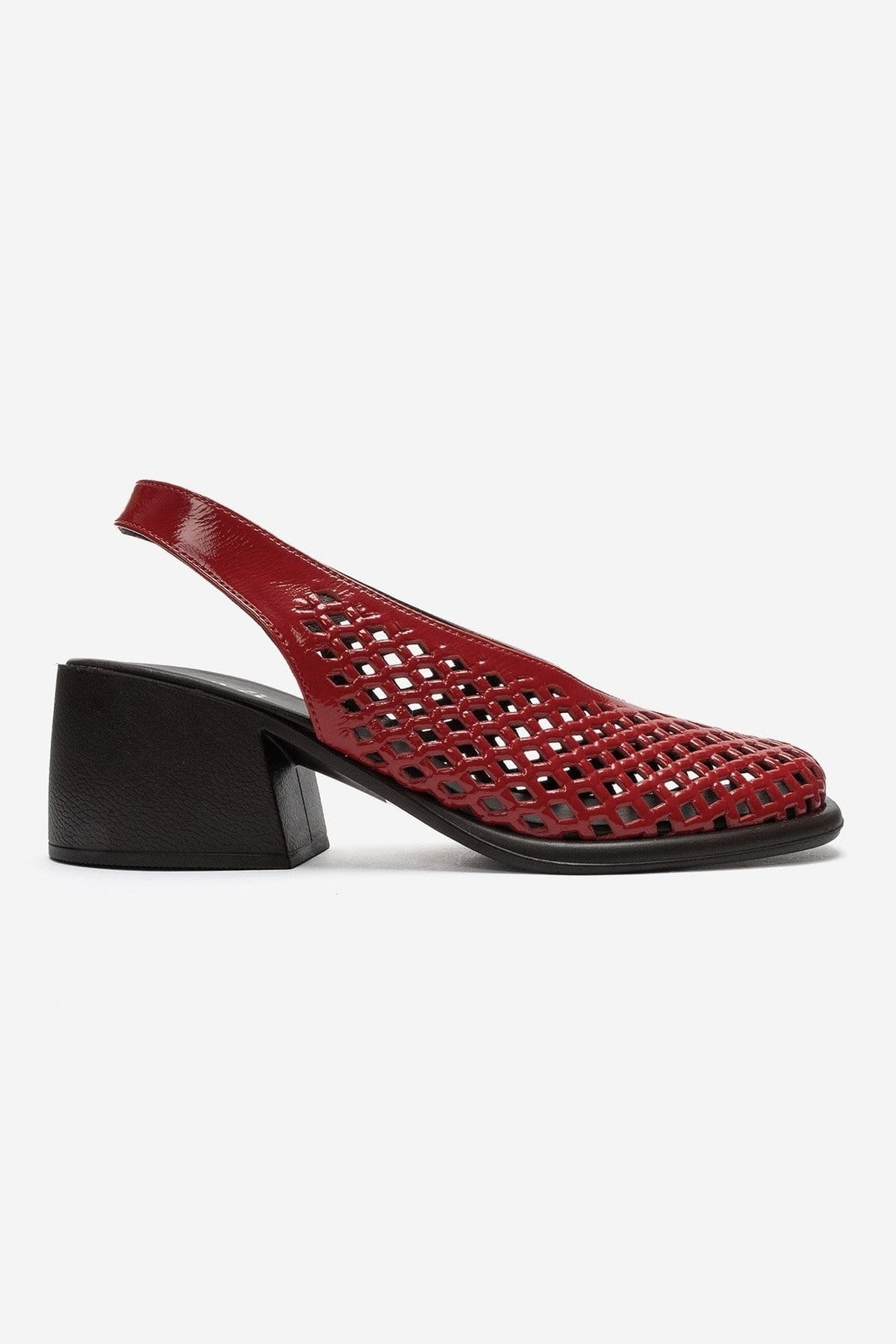 MONVERA - Red Genuine Leather Patent Closed-Toe Laser-Cut Block Heel S – heel view showing leather, red, Vowalisse