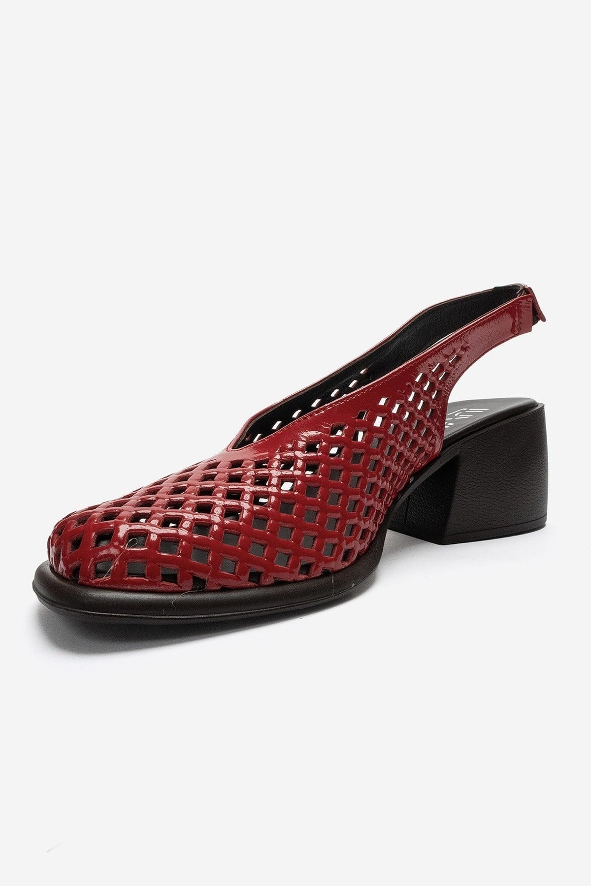 MONVERA - Red Genuine Leather Patent Closed-Toe Laser-Cut Block Heel S – top view showing leather, red, Vowalisse