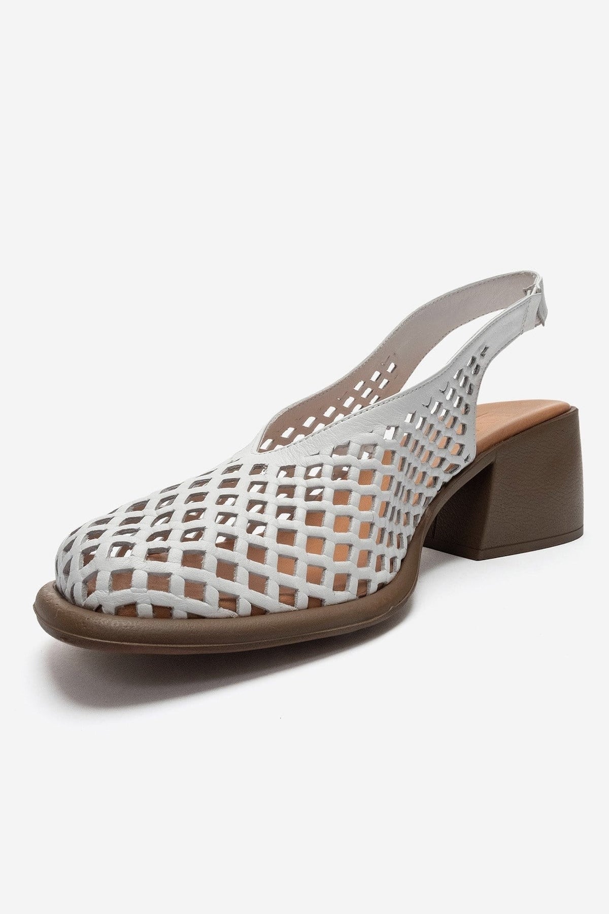 MONVERA - White Genuine Leather Closed-Toe Laser-Cut Block Heel Sandal – top view showing leather, white, Vowalisse