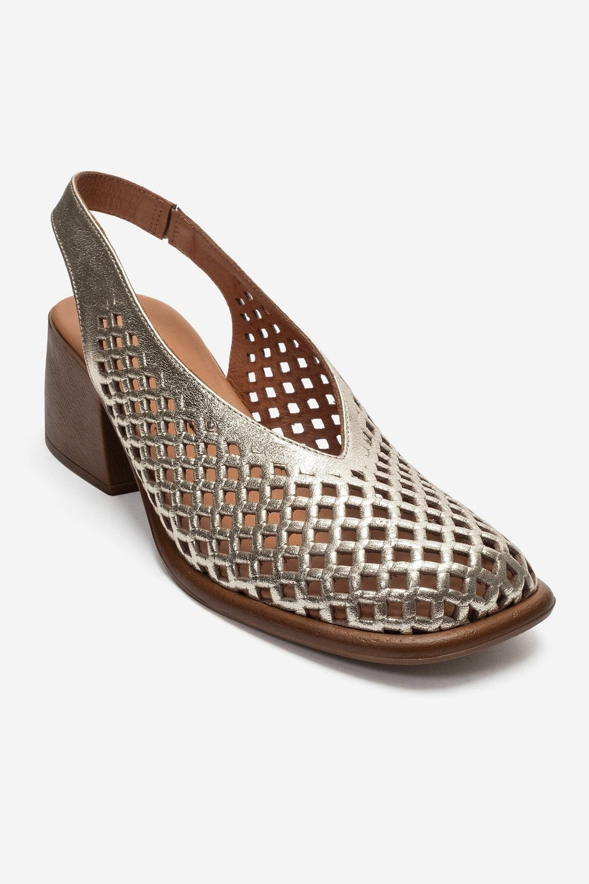 MONVERA - Gold Genuine Leather Closed-Toe Laser-Cut Block Heel Sandal – detail view showing leather, gold, Vowalisse