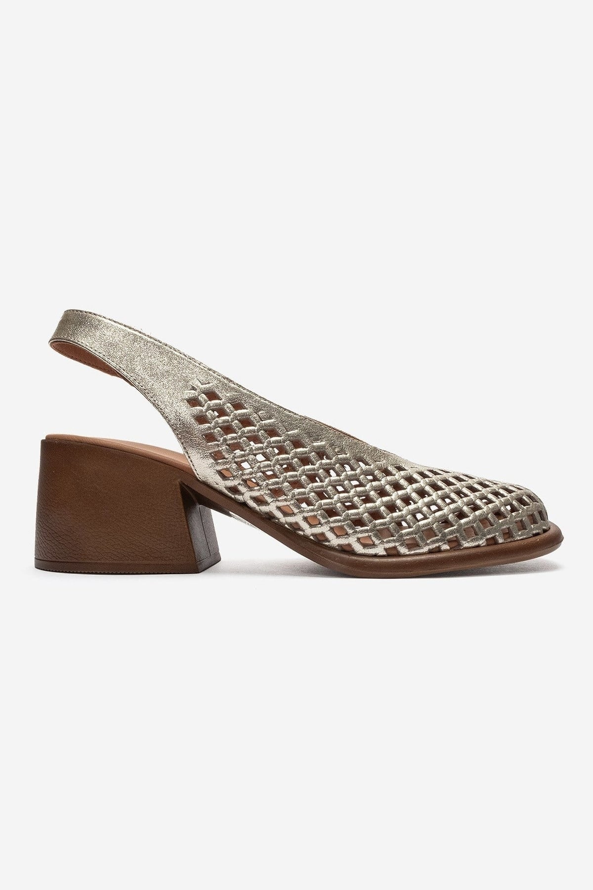 MONVERA - Gold Genuine Leather Closed-Toe Laser-Cut Block Heel Sandal – heel view showing leather, gold, Vowalisse
