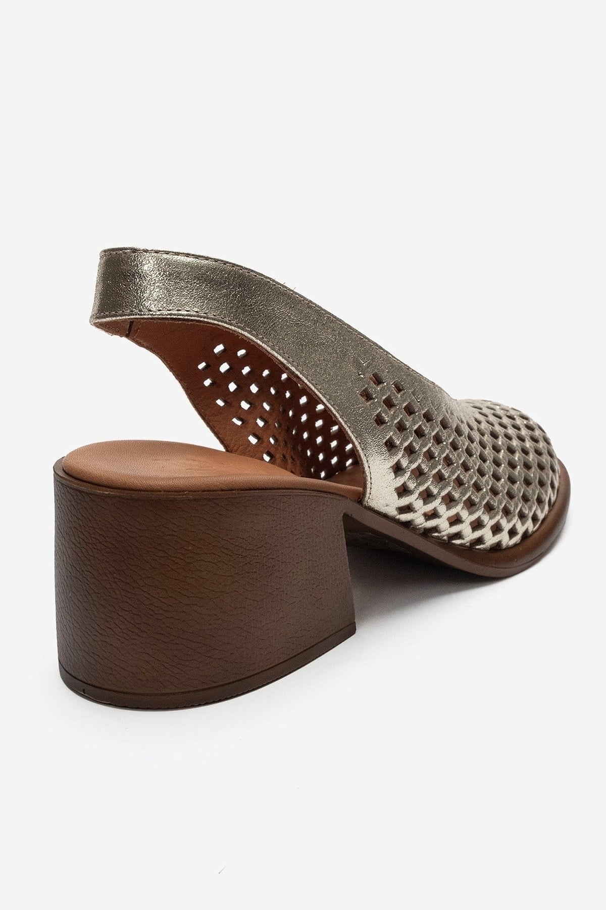 MONVERA - Gold Genuine Leather Closed-Toe Laser-Cut Block Heel Sandal – back view showing leather, gold, Vowalisse