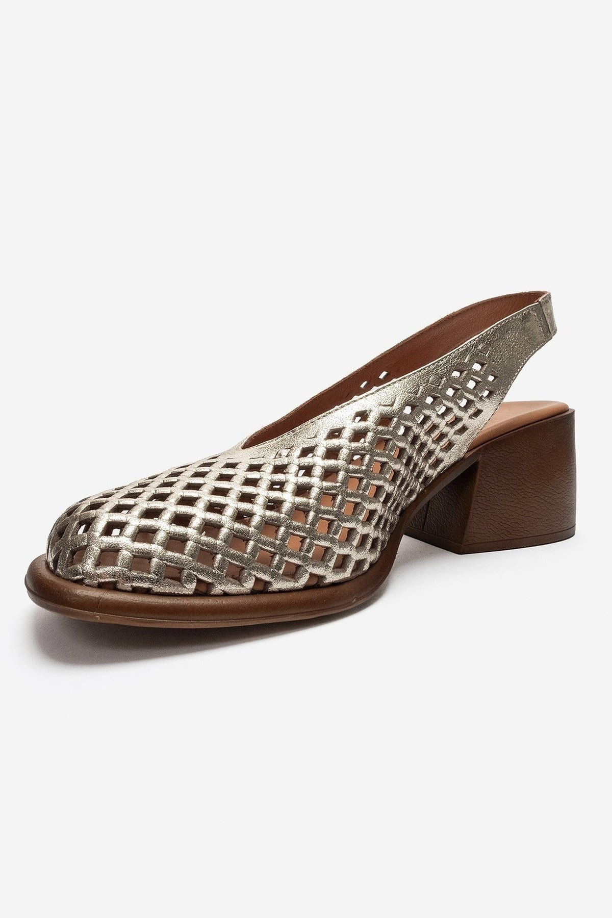 MONVERA - Gold Genuine Leather Closed-Toe Laser-Cut Block Heel Sandal – top view showing leather, gold, Vowalisse