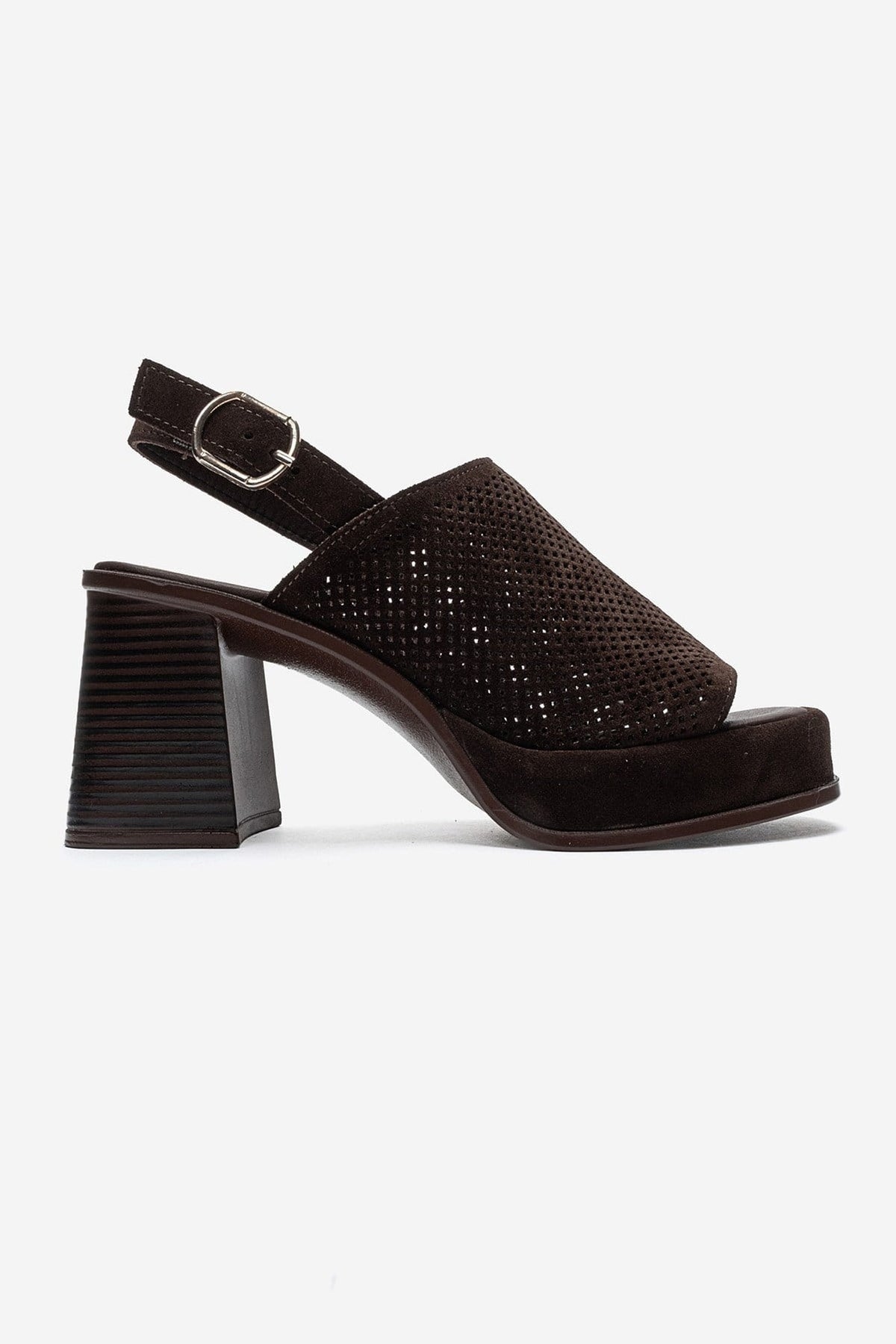 PENVIA - Brown Genuine Leather Platform Block Heel Sandal – heel view showing leather, suede, Vowalisse