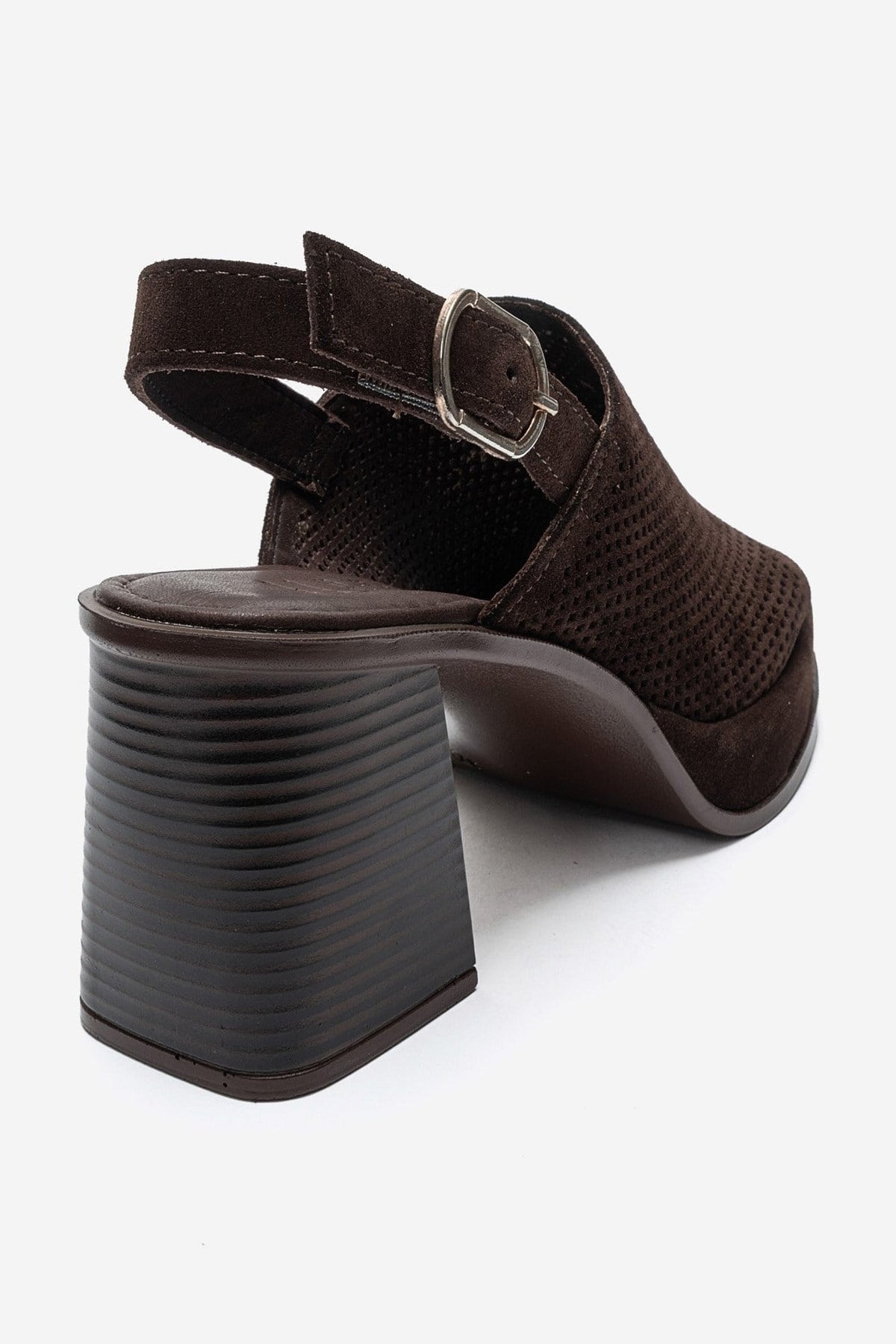 PENVIA - Brown Genuine Leather Platform Block Heel Sandal – back view showing leather, suede, Vowalisse