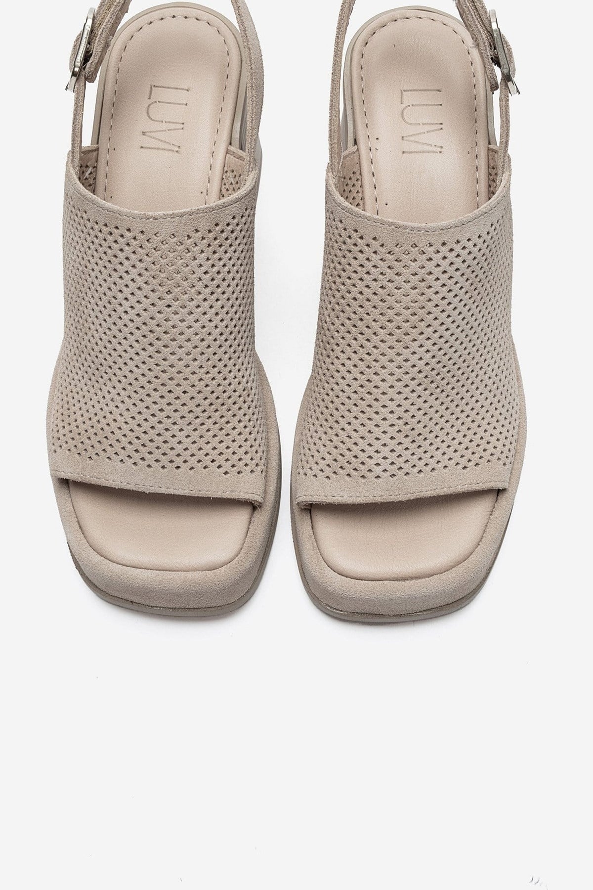 PENVIA - Beige Genuine Leather Platform Block Heel Sandal – side view showing leather, suede, Vowalisse