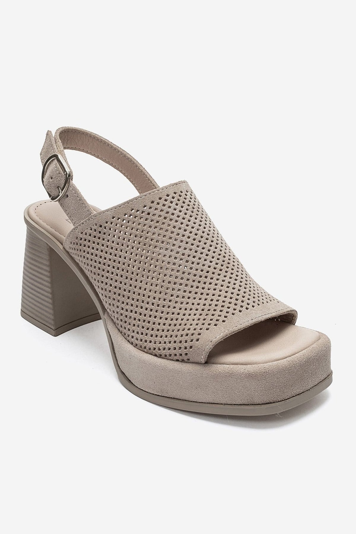 PENVIA - Beige Genuine Leather Platform Block Heel Sandal – detail view showing leather, suede, Vowalisse