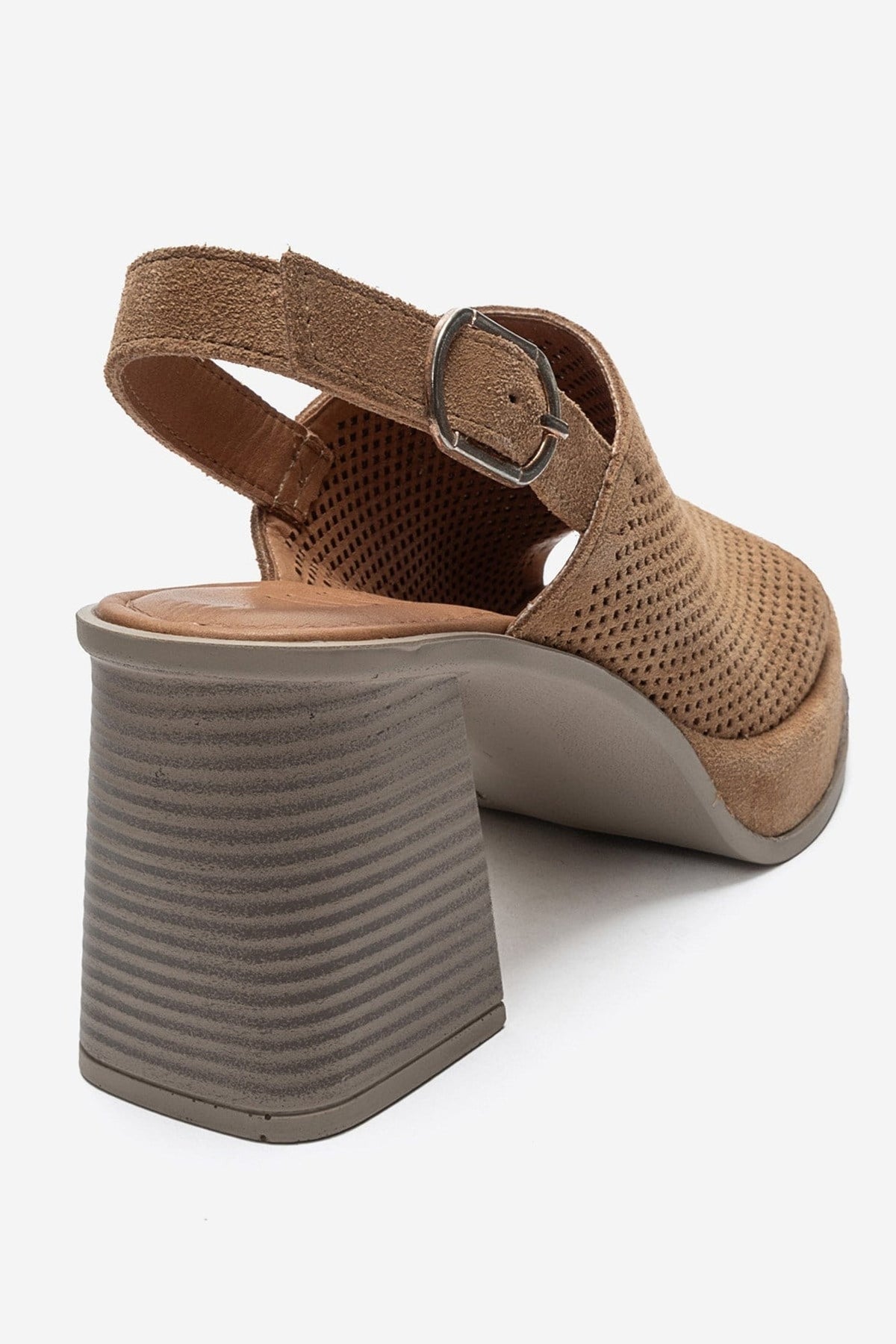 PENVIA - Cognac Genuine Leather Platform Block Heel Sandal – back view showing leather, suede, Vowalisse
