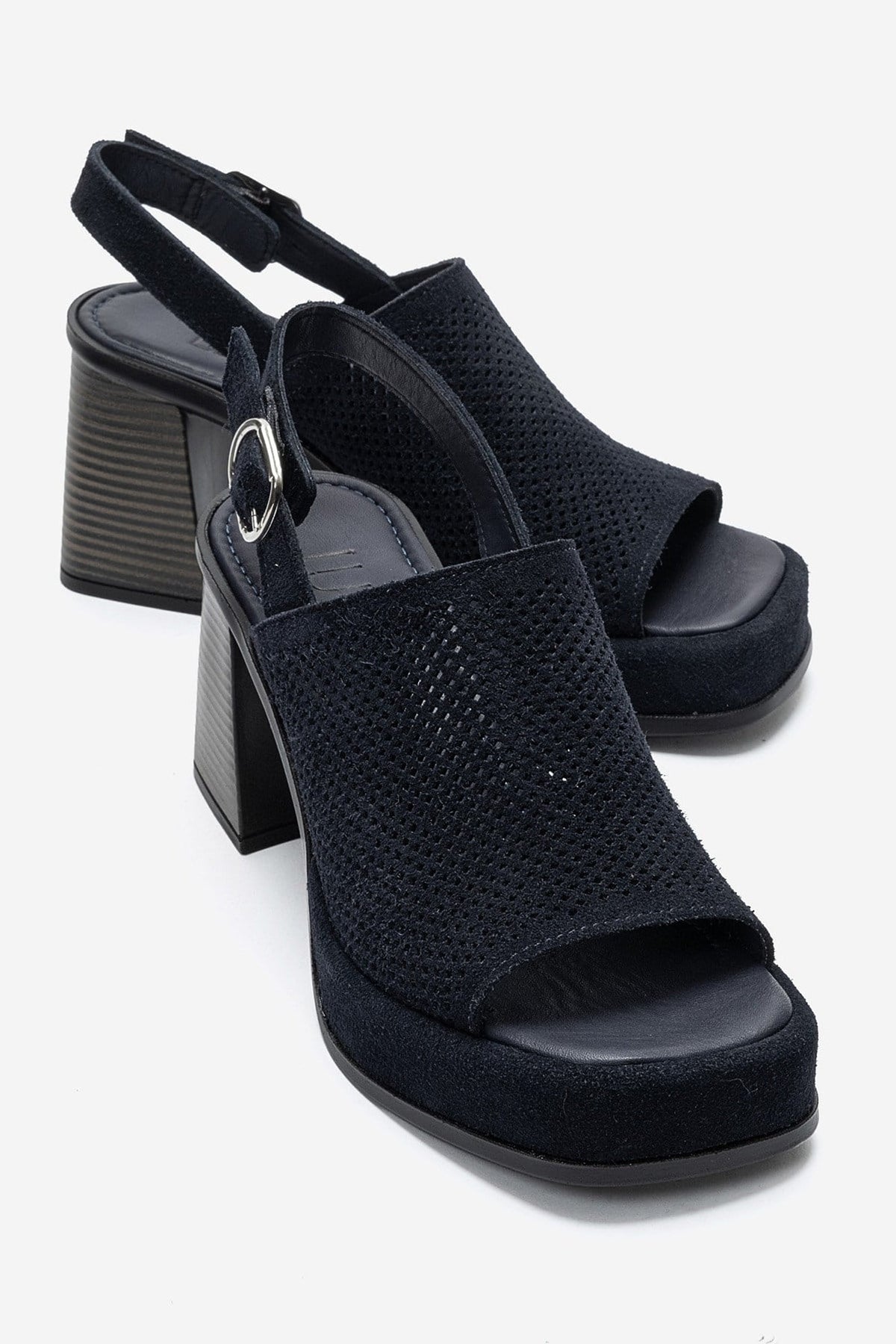 PENVIA - Navy Genuine Leather Platform Block Heel Sandal – front three-quarter view showing leather, suede, Vowalisse