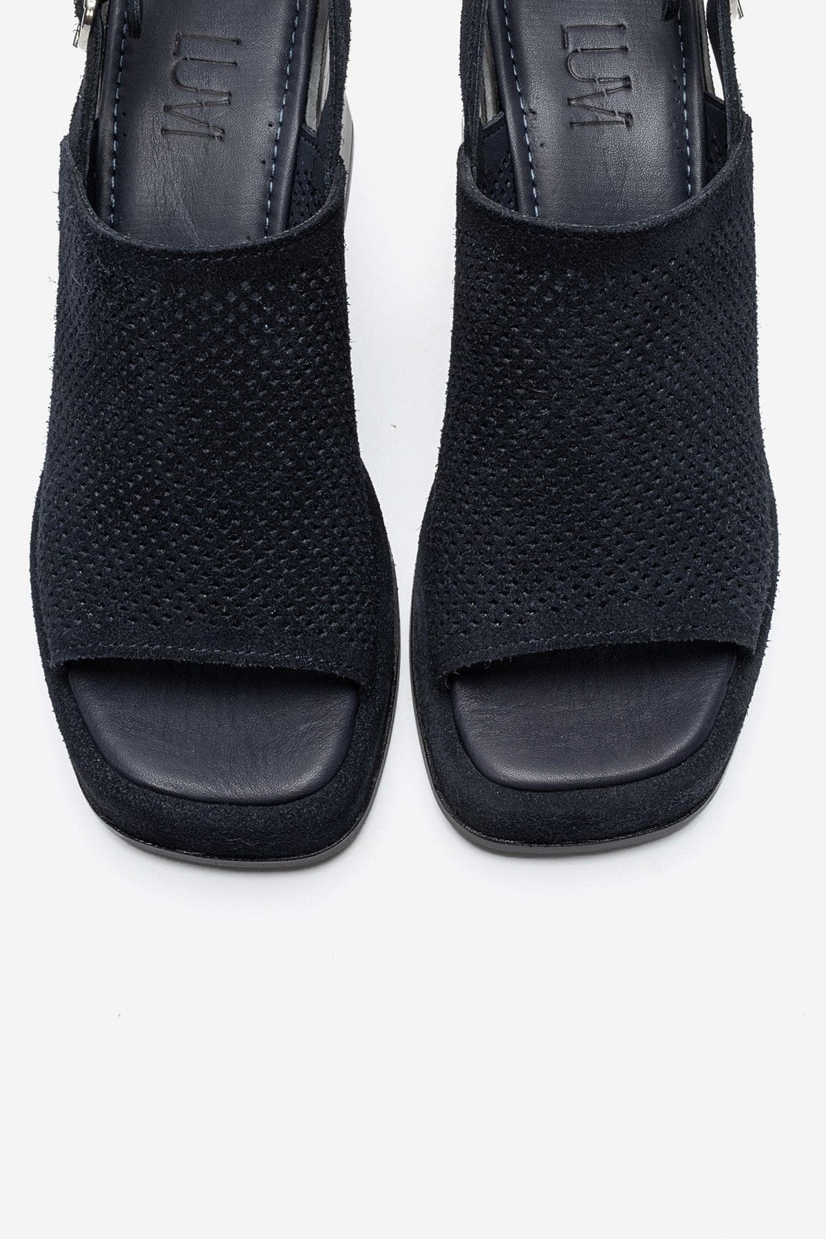 PENVIA - Navy Genuine Leather Platform Block Heel Sandal – side view showing leather, suede, Vowalisse