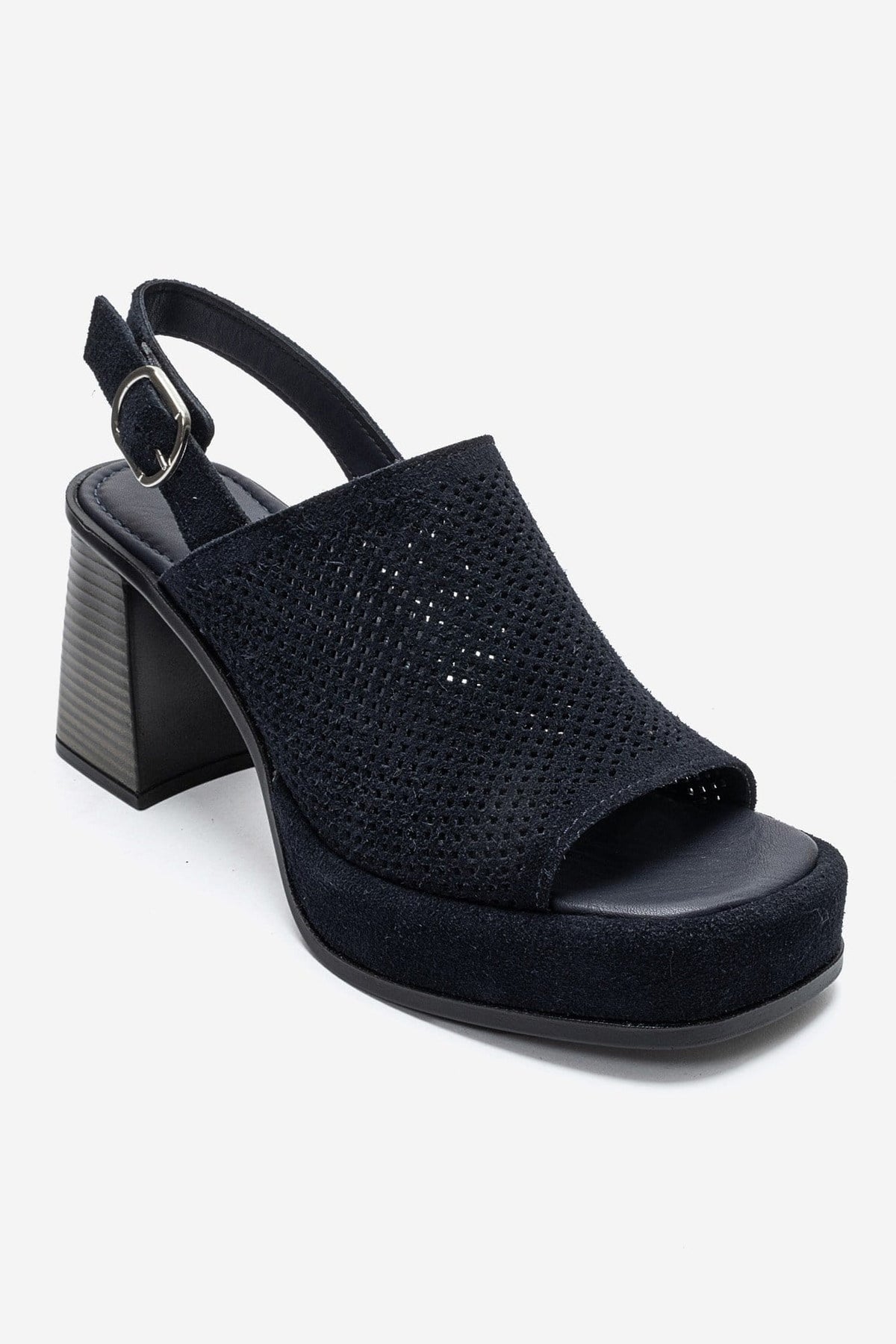PENVIA - Navy Genuine Leather Platform Block Heel Sandal – detail view showing leather, suede, Vowalisse