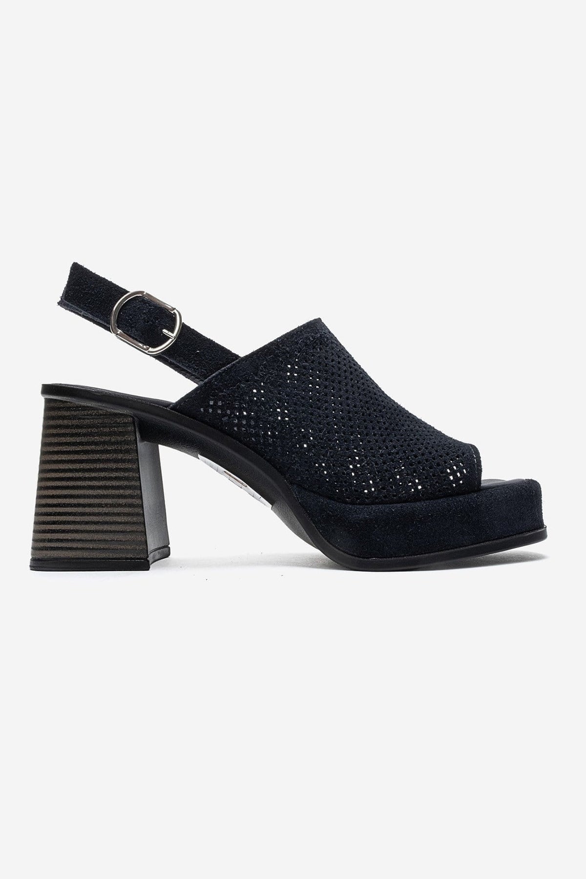 PENVIA - Navy Genuine Leather Platform Block Heel Sandal – heel view showing leather, suede, Vowalisse