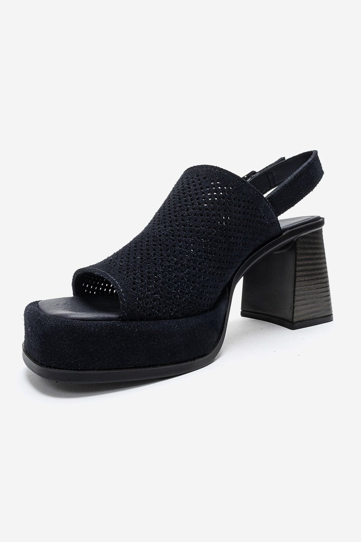 PENVIA - Navy Genuine Leather Platform Block Heel Sandal – top view showing leather, suede, Vowalisse