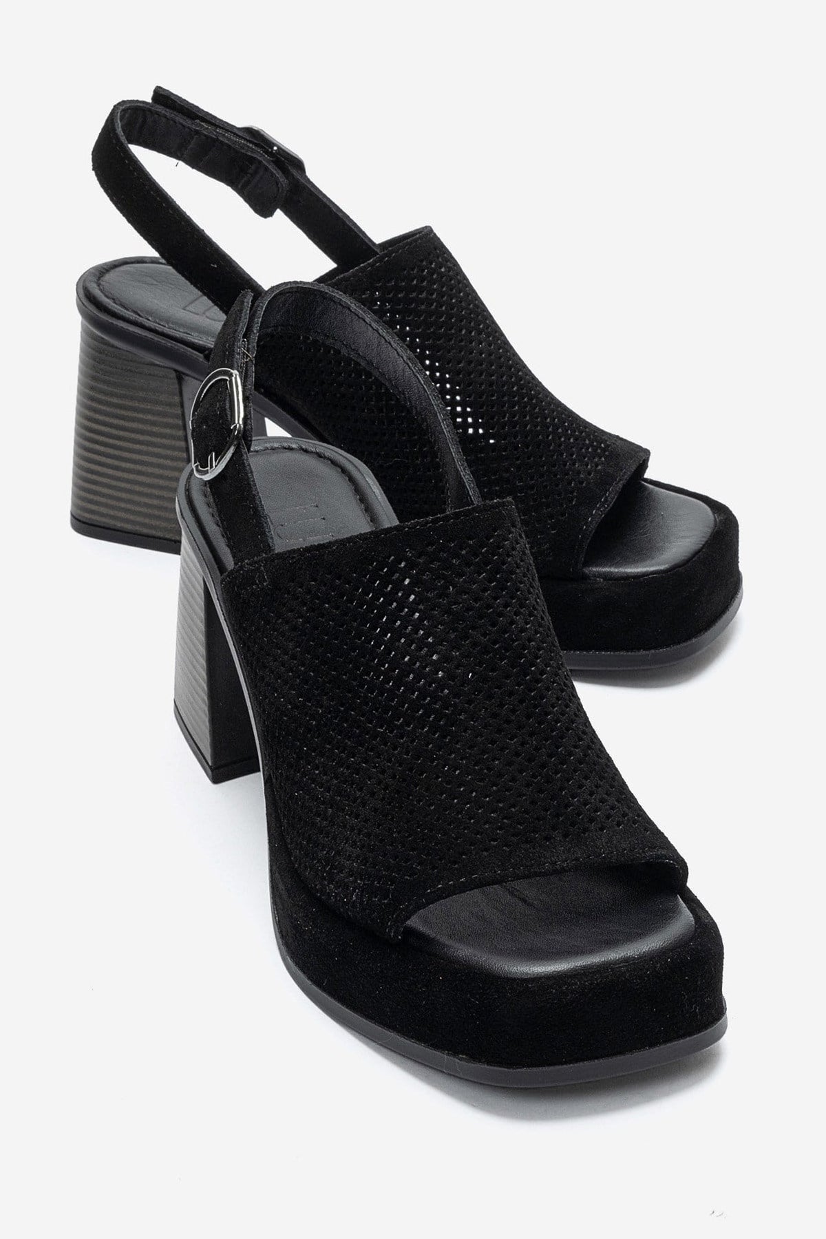 PENVIA - Black Genuine Leather Platform Block Heel Sandal – front three-quarter view showing leather, suede, black…