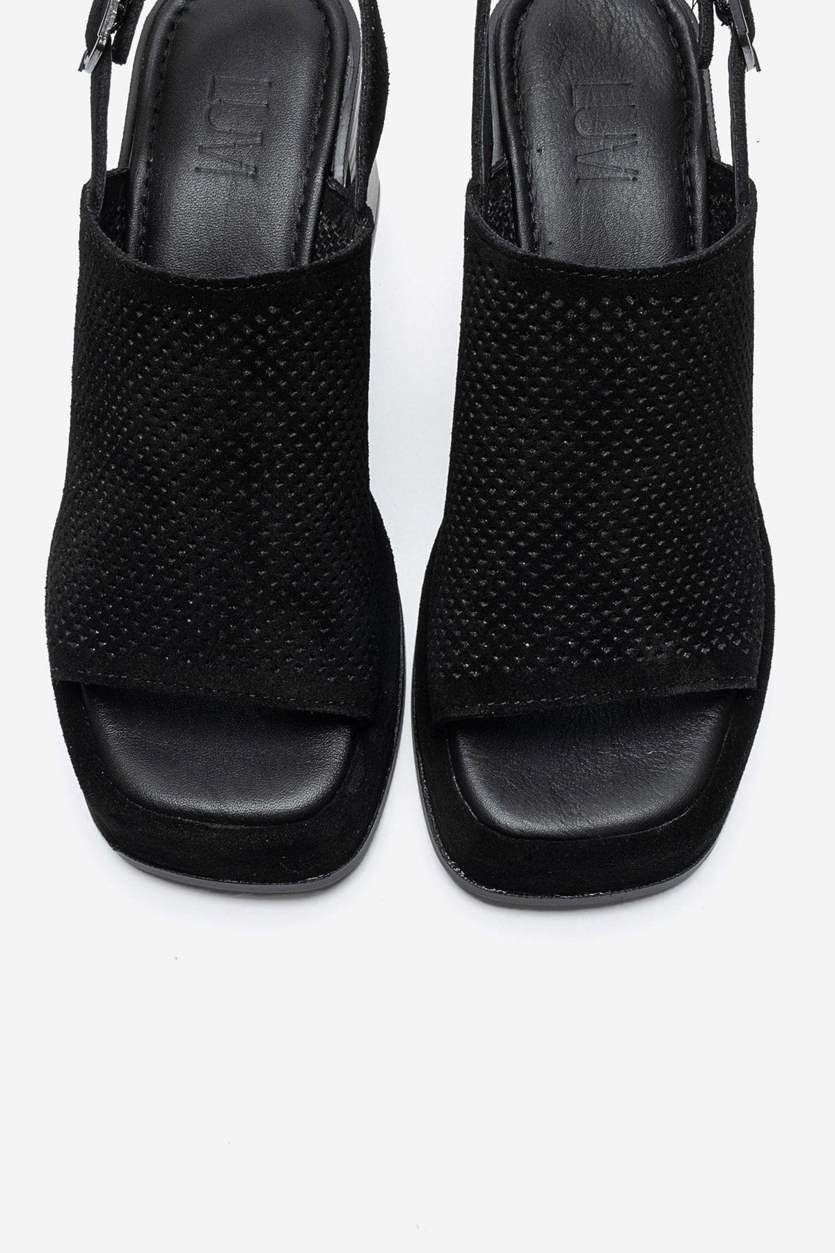 PENVIA - Black Genuine Leather Platform Block Heel Sandal – side view showing leather, suede, black, Vowalisse