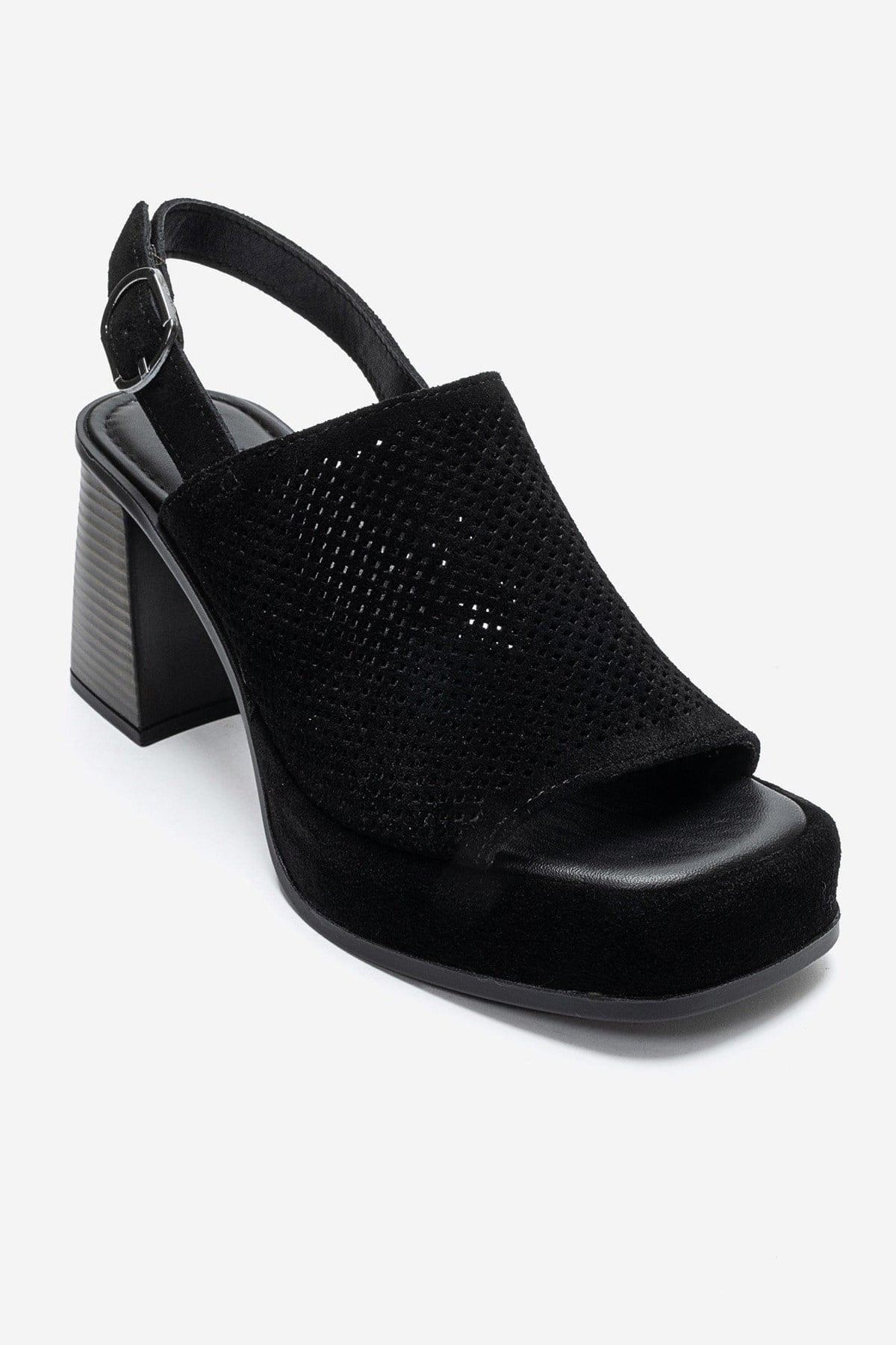 PENVIA - Black Genuine Leather Platform Block Heel Sandal – detail view showing leather, suede, black, Vowalisse
