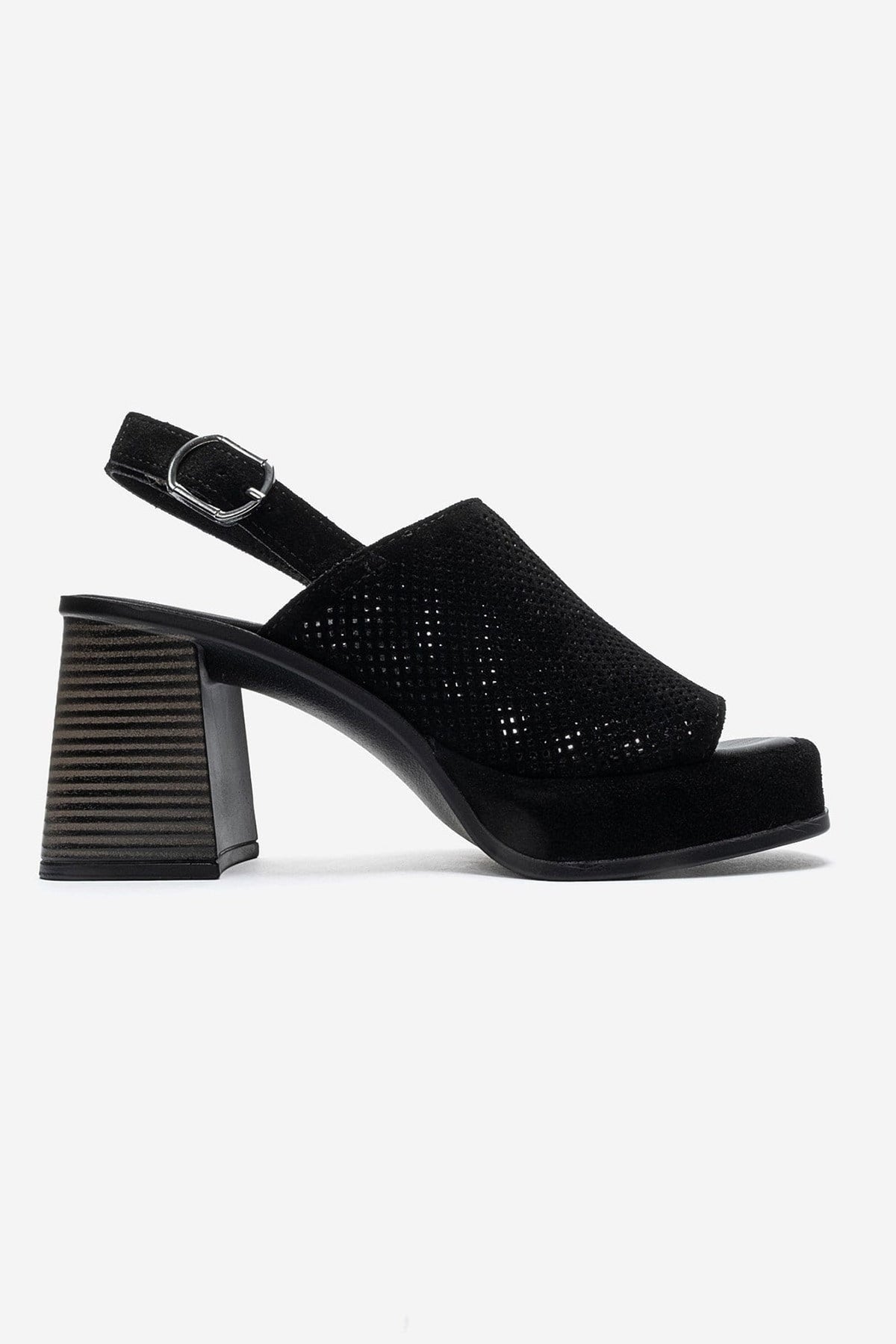 PENVIA - Black Genuine Leather Platform Block Heel Sandal – heel view showing leather, suede, black, Vowalisse