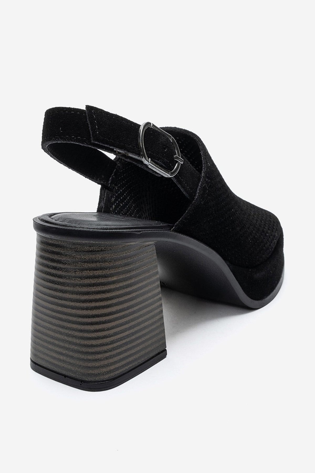 PENVIA - Black Genuine Leather Platform Block Heel Sandal – back view showing leather, suede, black, Vowalisse