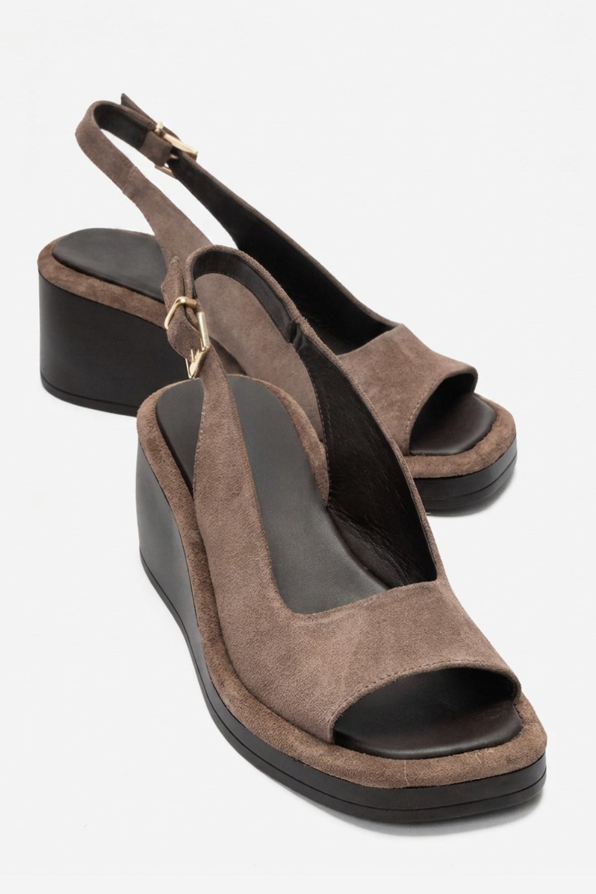 Orlena - Taupe Genuine Leather Platform Wedge Sandal – front three-quarter view showing leather, suede, Vowalisse