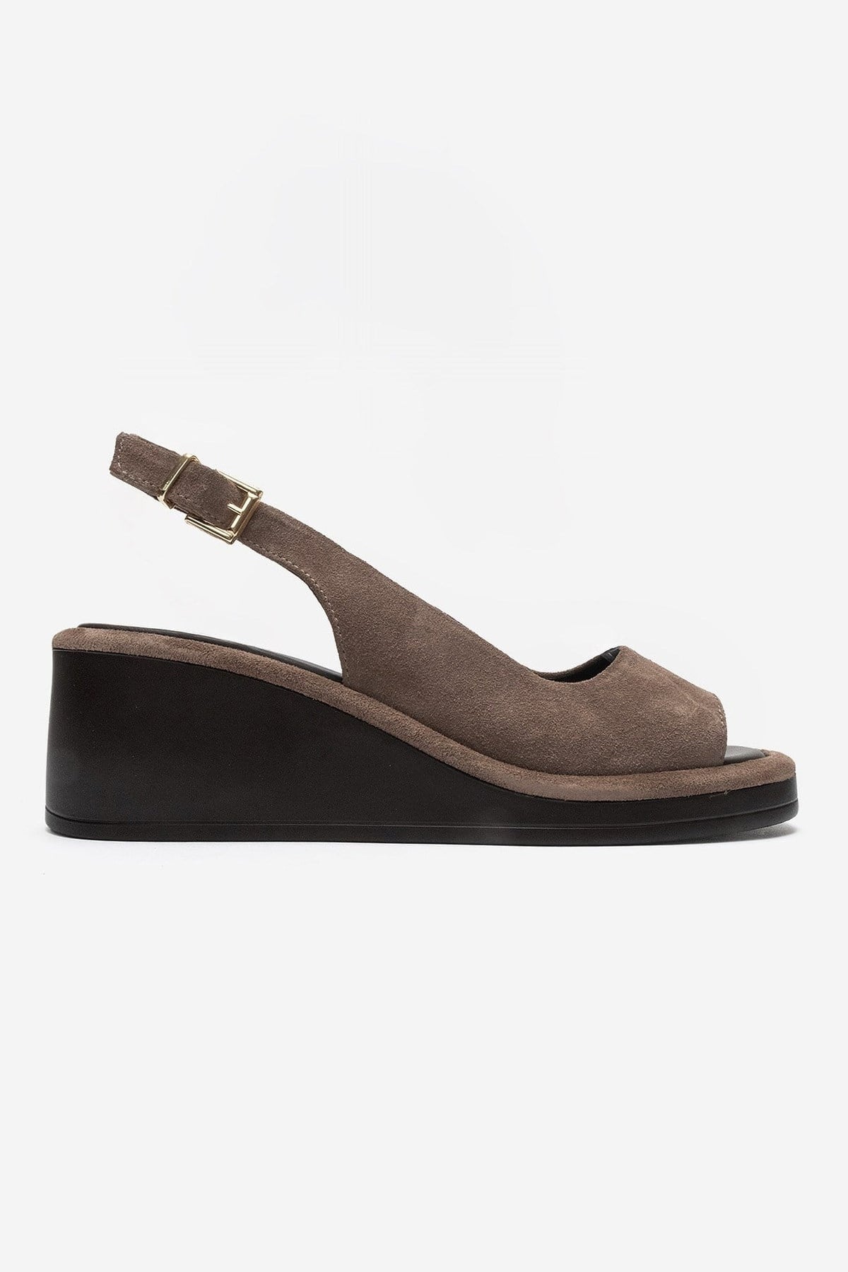 Orlena - Taupe Genuine Leather Platform Wedge Sandal – heel view showing leather, suede, Vowalisse