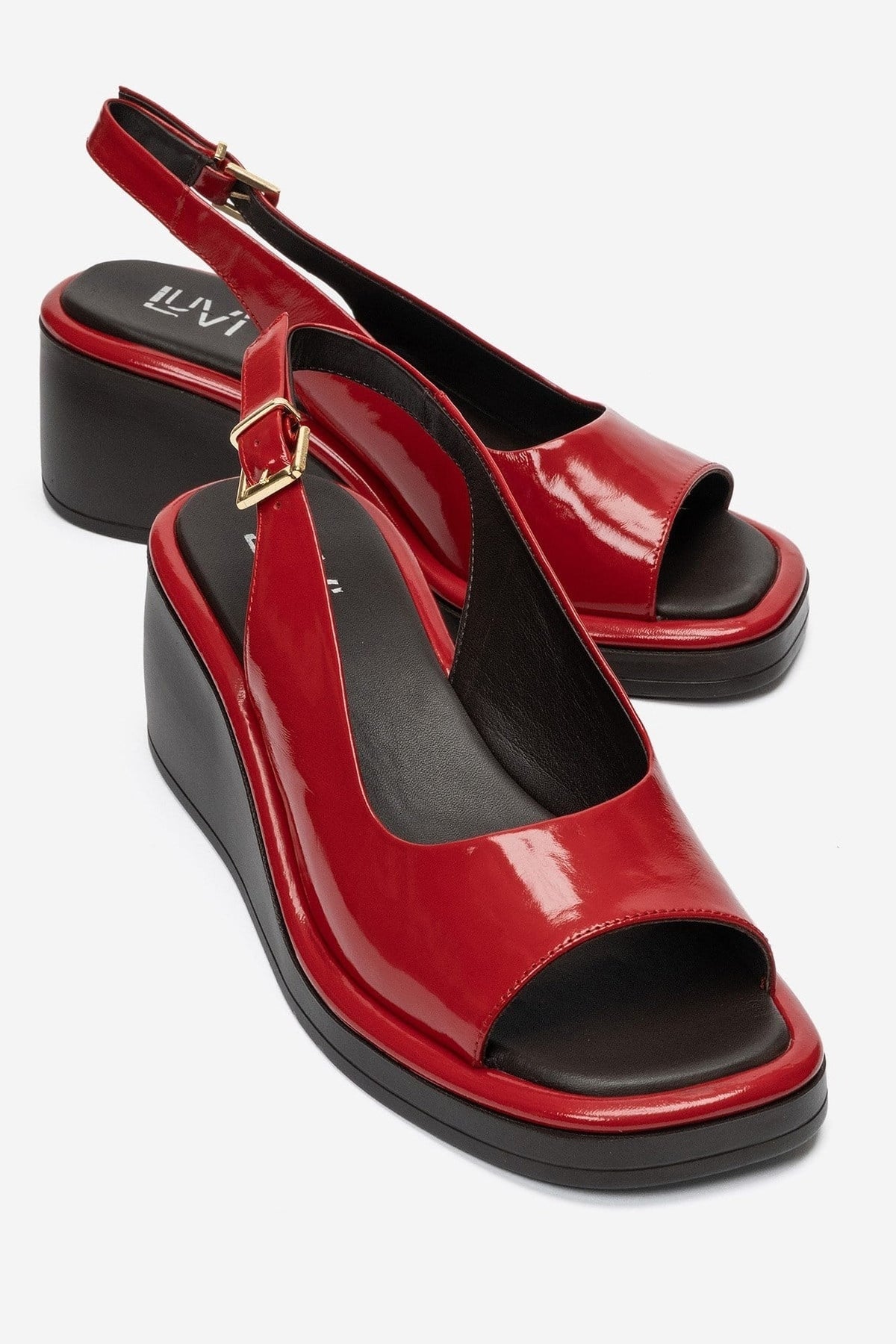 Orlena - Red Genuine Leather Platform Wedge Sandal – front three-quarter view showing leather, red, Vowalisse