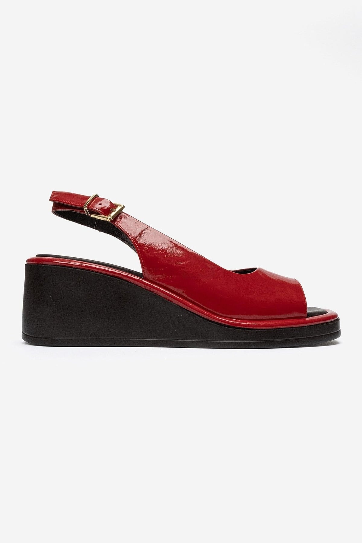 Orlena - Red Genuine Leather Platform Wedge Sandal – heel view showing leather, red, Vowalisse